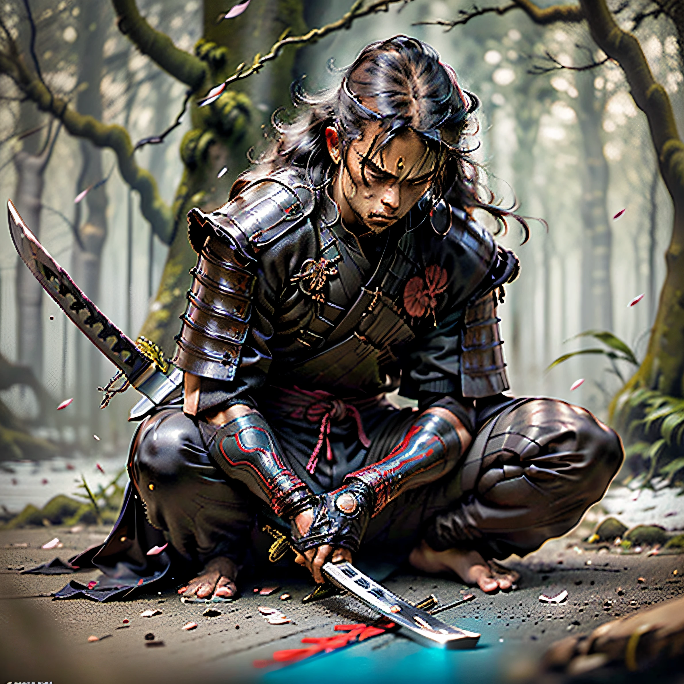 Samurai, Cinematic, masterpiece, seated samurai pose, soft contrast, cinematic lighting, cinematic shadow, Katana_weapon, Samurai costume, anime scener, Gorgeous scenery, man, solo, katana on the ground, long hair, man face, normal ears, wind with leaves.