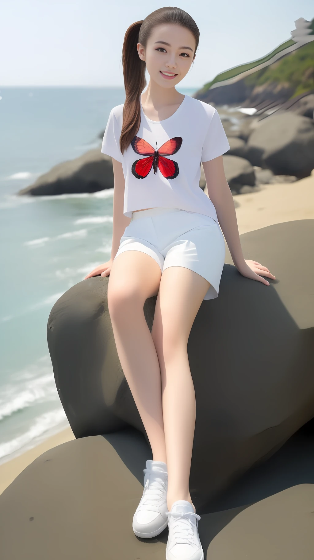 High quality, masterpiece, 8k, (1 girl, two ponytails), (sit reclining on a rock, seaside, sea, waves), smile, (professional wear, white t-shirt, butterfly pattern, rose, white shorts, white stockings, white sneakers, thin and breathable material), summer, cool, seawater, waves, Gulangyu Island