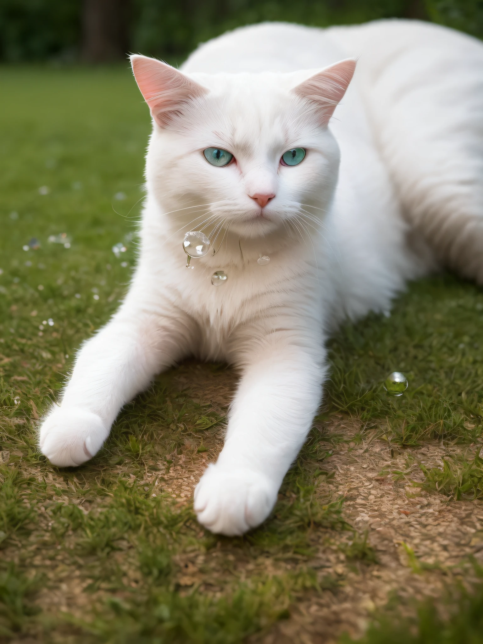 A pure white puppet cat lying on carpet, woods, fine, art, green grass, rising sun, HD, cinema lens, HDR, water droplets --auto