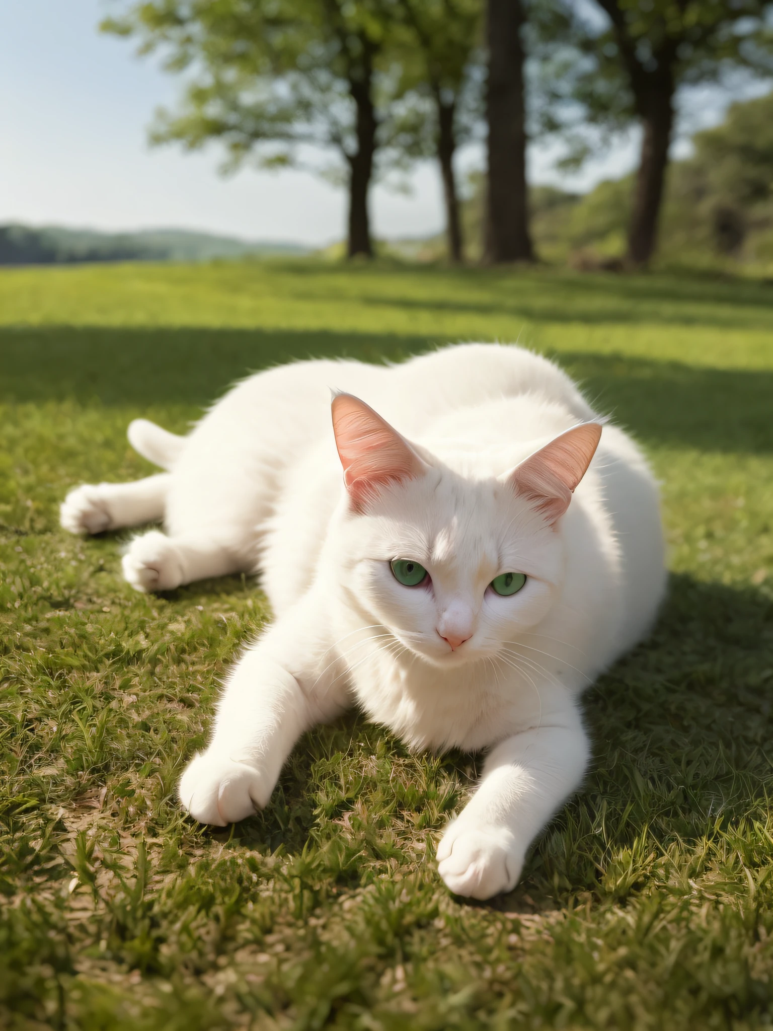 A pure white puppet cat lying on carpet, woods, fine, art, green grass, rising sun, HD, cinema lens, HDR, water droplets --auto