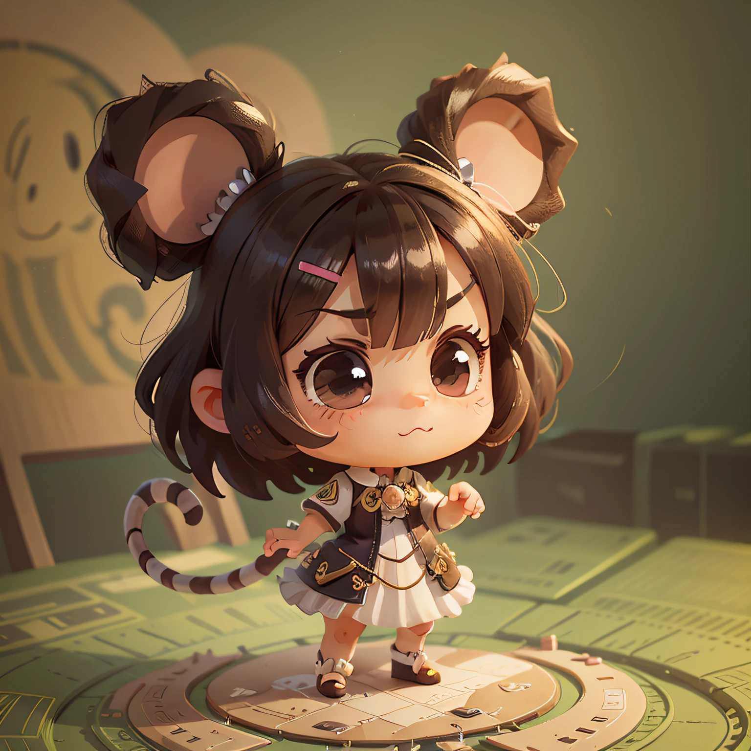 chibi, mouse, cute, evil devil, female, bigbadejo, full body, masterpiece, 3D Rendering, Best Quality, Lots of Detail, (plain background), vinyl toy figurine, (perfect hands), (5 fingers on each hand)