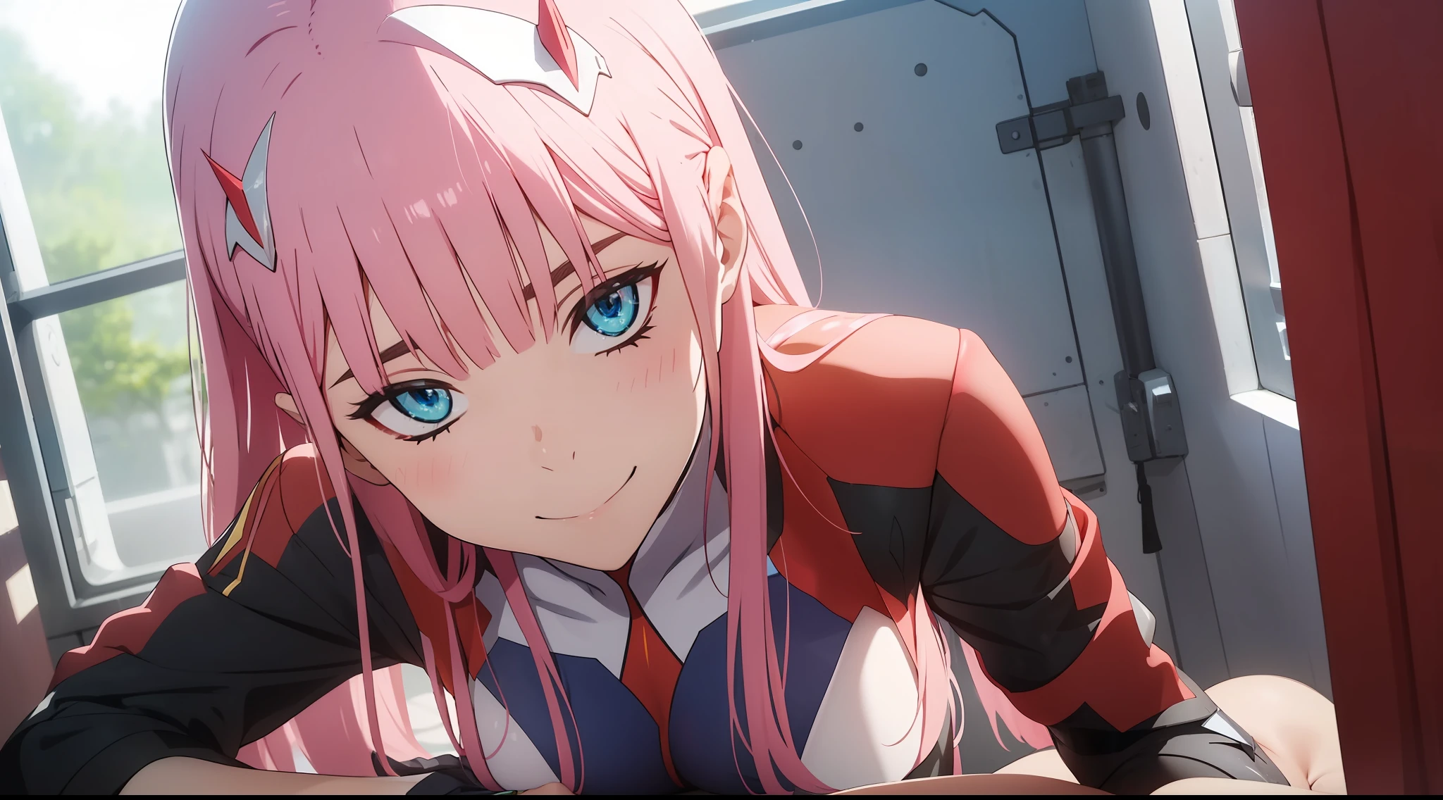 Zero Two \(darling at Franxx\), Lewd Smile, Blushed, NSFW, Micro Swinsuit Highleg Tight, Panties Side, (Skin Shiny:1.2), Squatting, From Pose, Looking at Viewer, Pov Eye Level