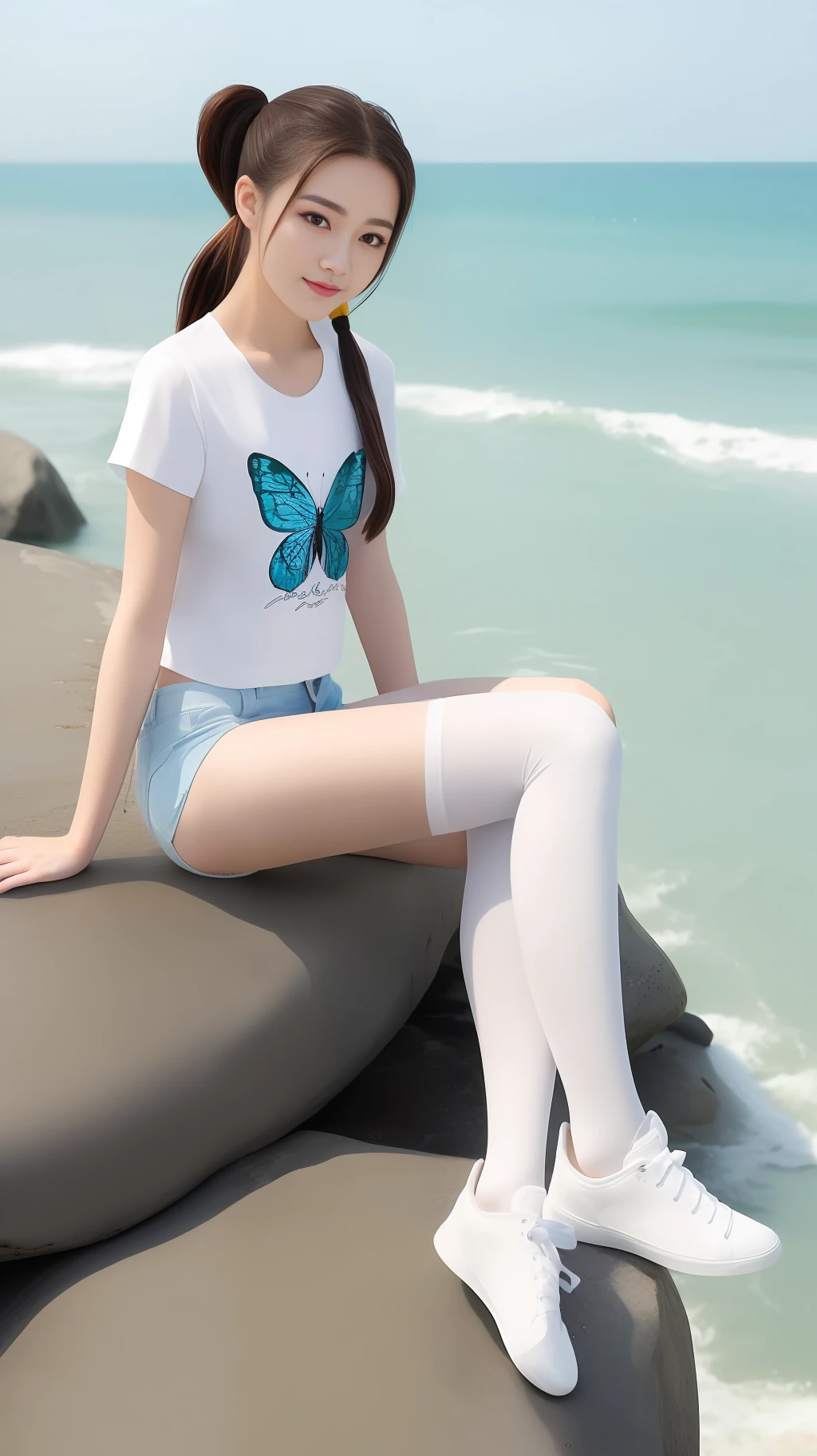 High quality, masterpiece, 8k, (1 girl, two ponytails), (sit reclining on a rock, sea, waves, background), smile, (professional wear, white t-shirt, butterfly pattern, rose, white shorts, white stockings, white sneakers, thin and breathable material), summer, cool, seawater, waves, Gulangyu, butterfly tattoo
