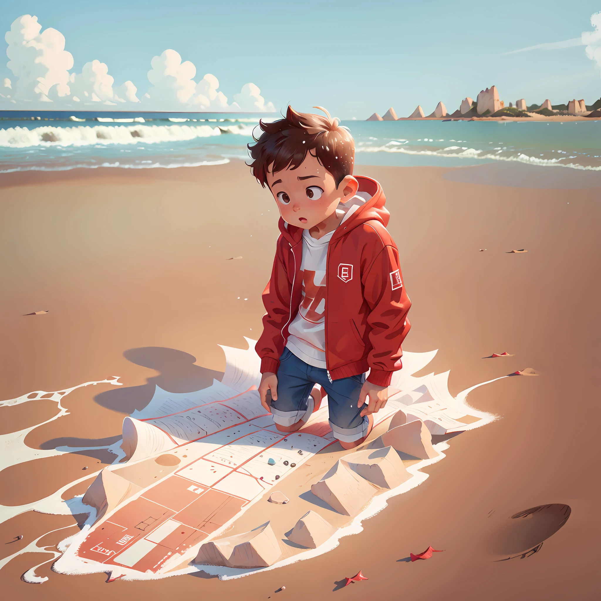 On a sandy beach, a boy in a red sweatshirt and white lining seems to have accidentally discovered a soaked map...