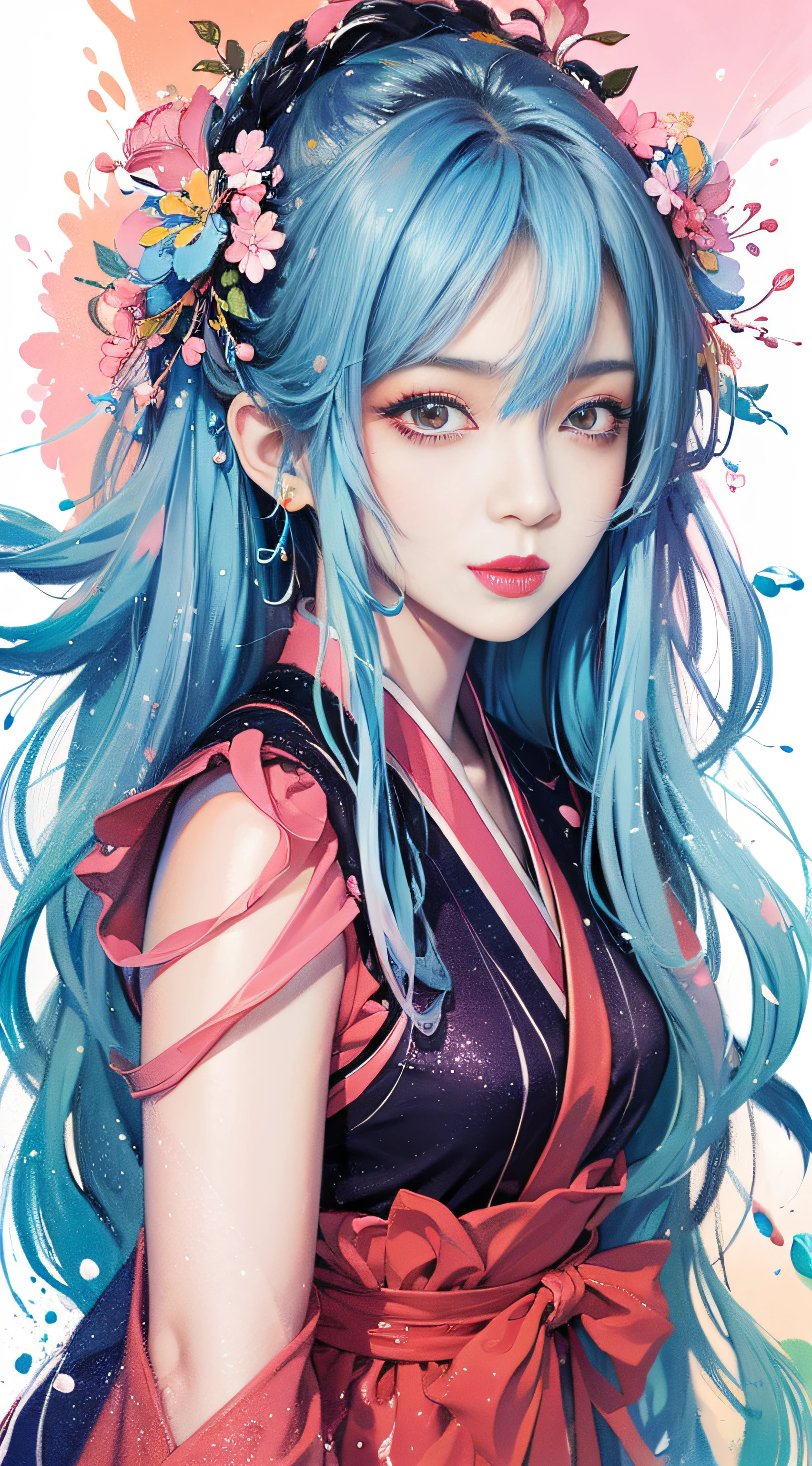 (Masterpiece, Best Quality, High Resolution), Anime Style, White Background, Acrylic Paint, ((Color Splash, Splash of Ink, Color Splash)), Sweet Chinese Girl, Long Light Blue Hair, [Light Blue|Pink] Hair, Curly Hair, Glitter, Pink Lips, Hanfu, Front, Upper Body