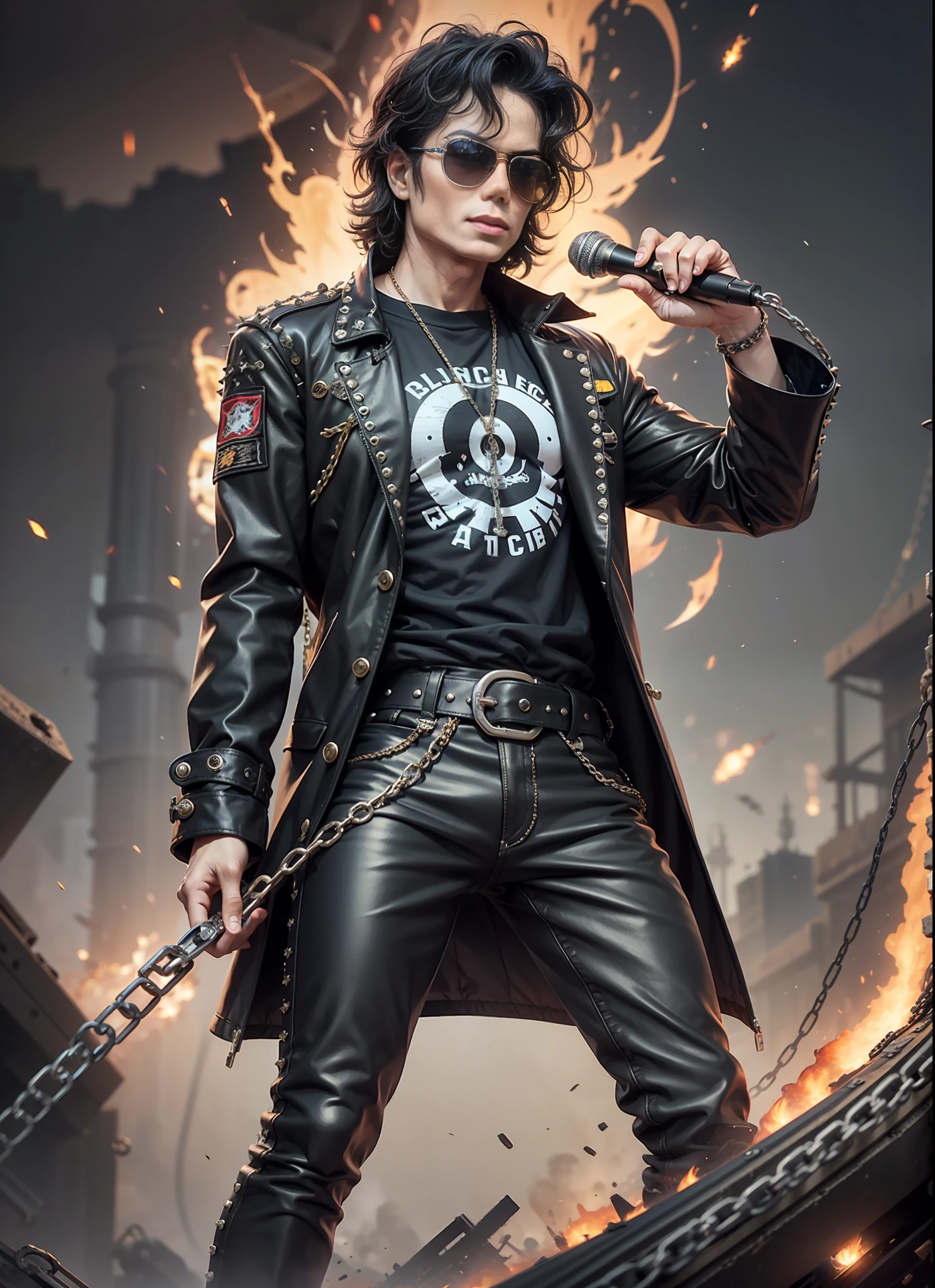 Michael jackson, sunglasses, black pants with rivets, 1 black belt, long coat, long t-shirt, rivets, holster, rivets, chains, just one body, front view, night, explosions behind, plays electric guitar