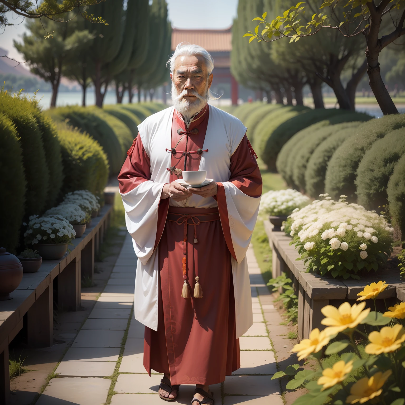 Old Chinese man, white hair, long white beard, ancient china clothing, wise, in a lake, facing --auto