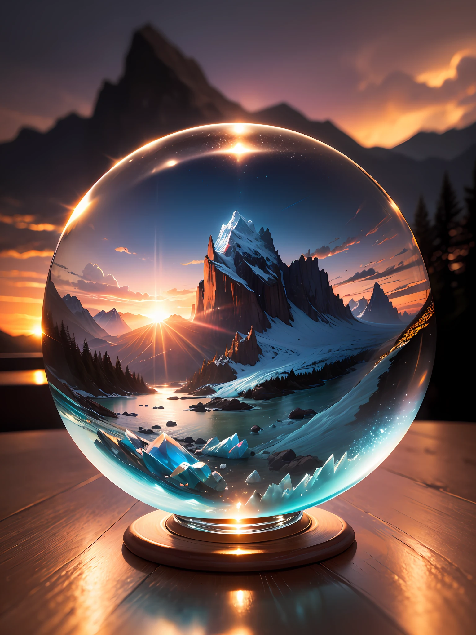 Ultra-realistic, 16K high resolution, (Max Sharp Focus: 1.3), (Max Close-up: 1.5), (Glacier trapped in a crystal perfect ball with pedestal on table: 1.7), (Sunrise, River, Lightning, Milky Way: 1.5), (Backlight: 1.3)