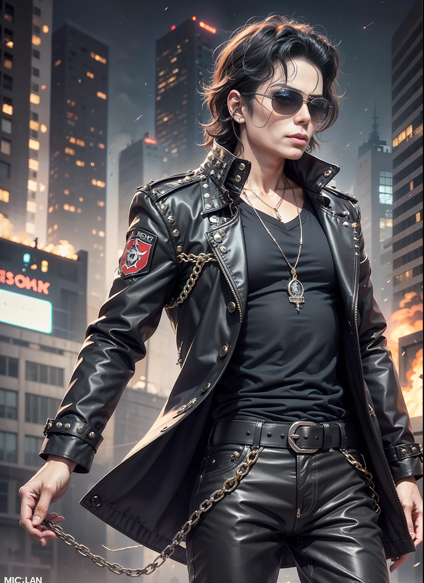 Michael jackson, sunglasses, black pants with rivets, 1 black belt, long coat, long t-shirt, rivets, holster, rivets, chains, just one body, front view, night, explosions behind, plays electric guitar