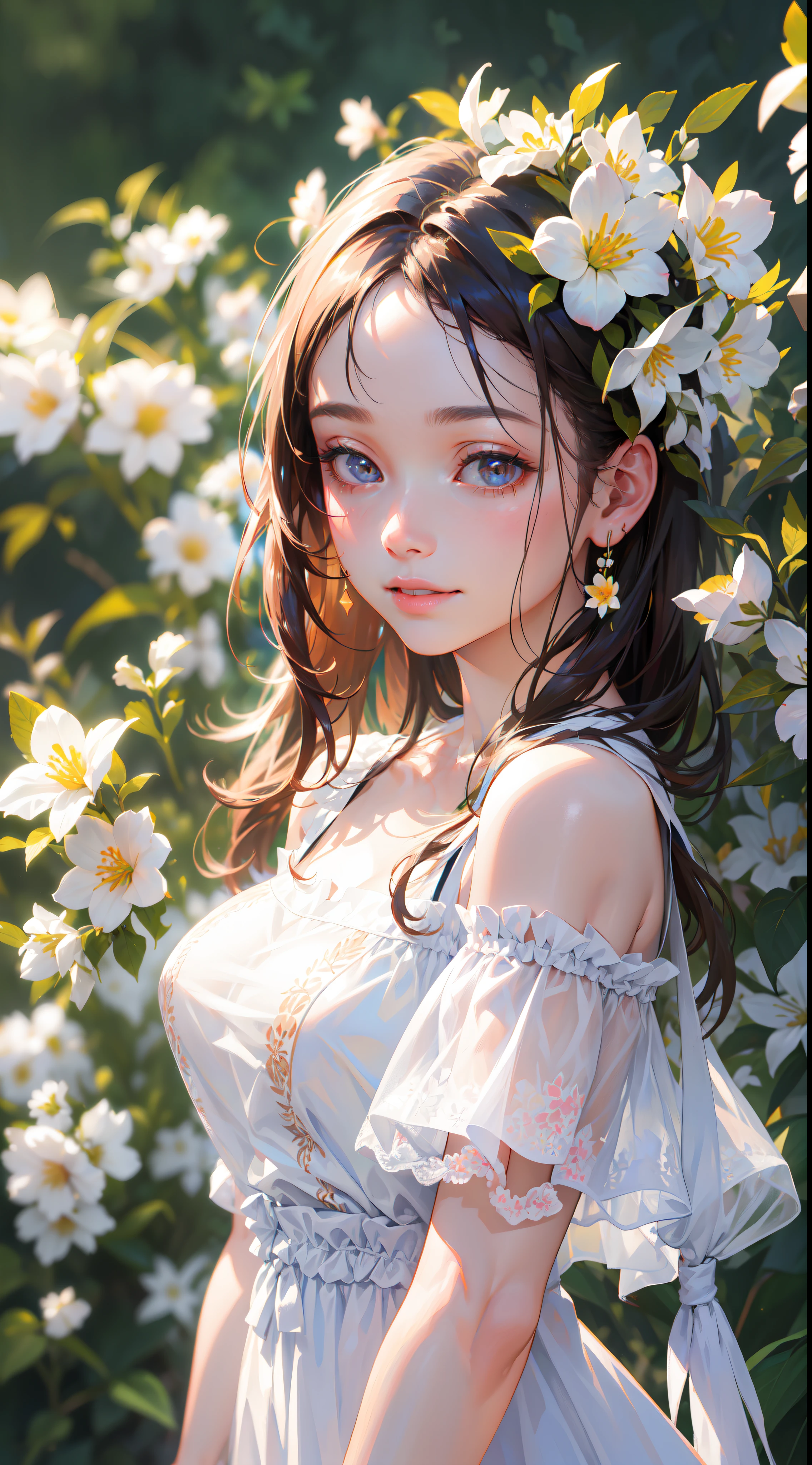 Best quality, masterpiece, ultra high res, (photorealistic:1.4), raw photo, 1girl, white dress, off shoulder, blossom flower field, glowing skin, light smile