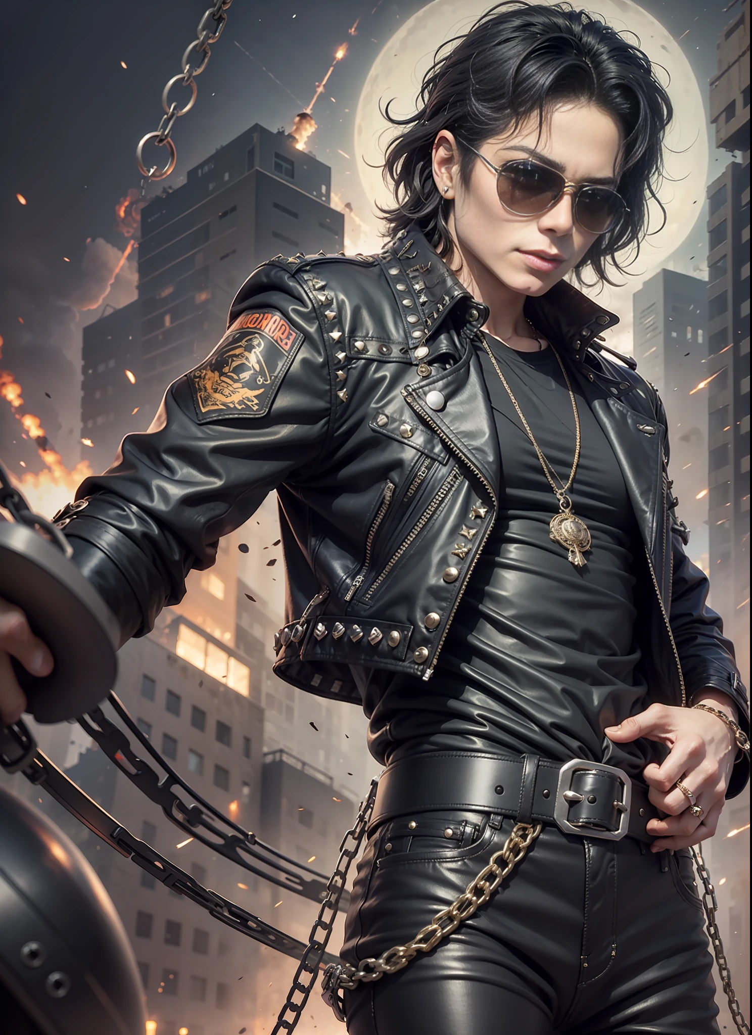 Michael jackson, sunglasses, black pants with rivets, 1 black belt, long coat, long t-shirt, rivets, holster, rivets, chains, just one body, front view, night, explosions behind, plays electric guitar