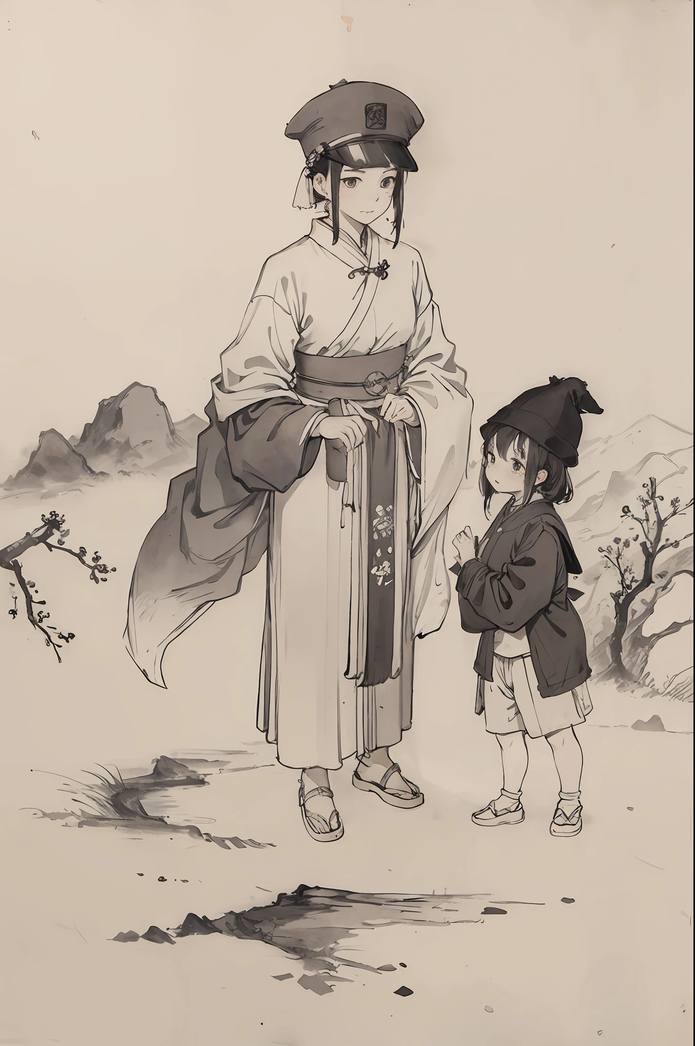 (masterpiece, best quality: 1.2), traditional Chinese ink painting, two children