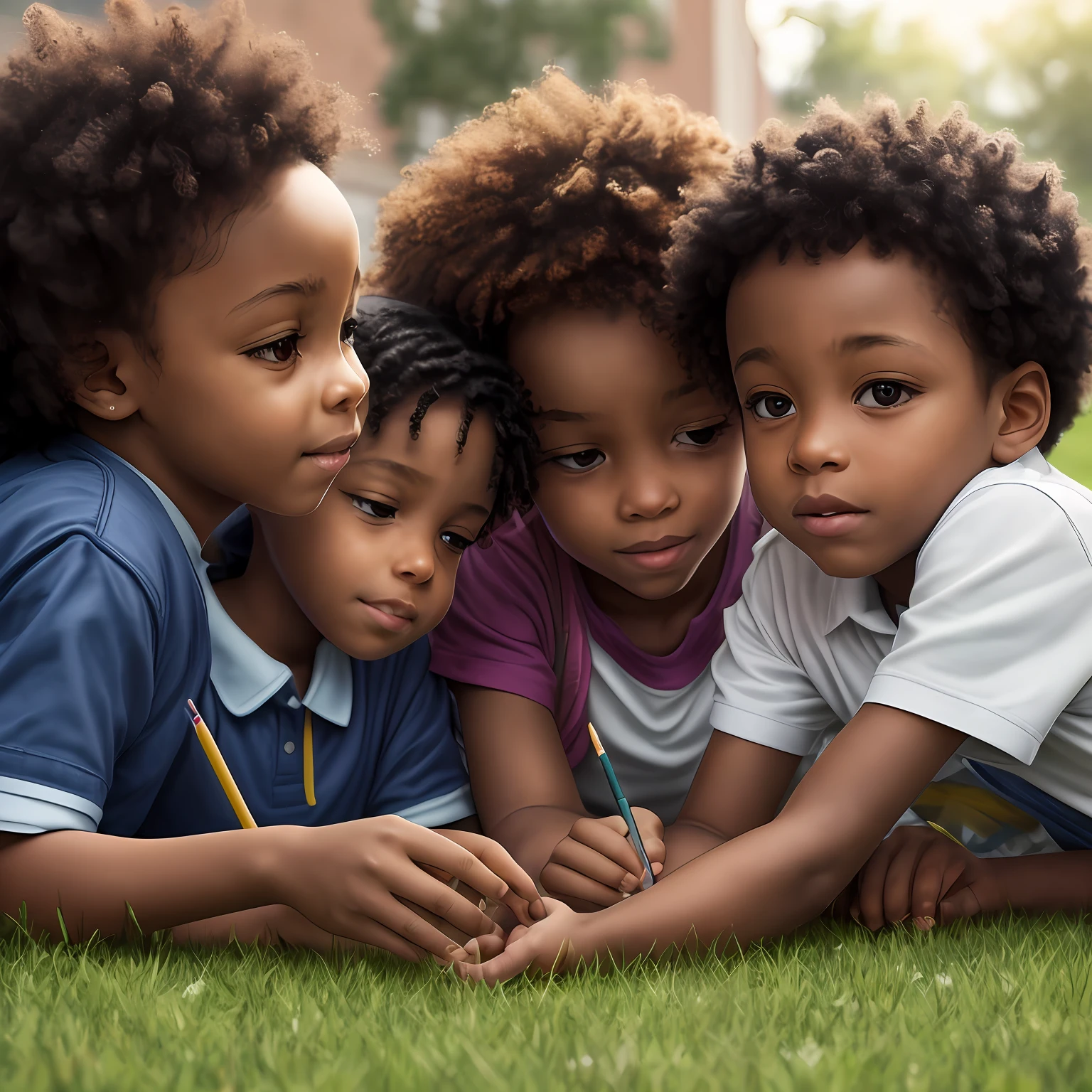 (8k, RAW photo, best quality, masterpiece: 1.2), (realistic, photorealistic: 1.37), african american children, detailed photo playing on school grass, beautiful school, art school, top quality