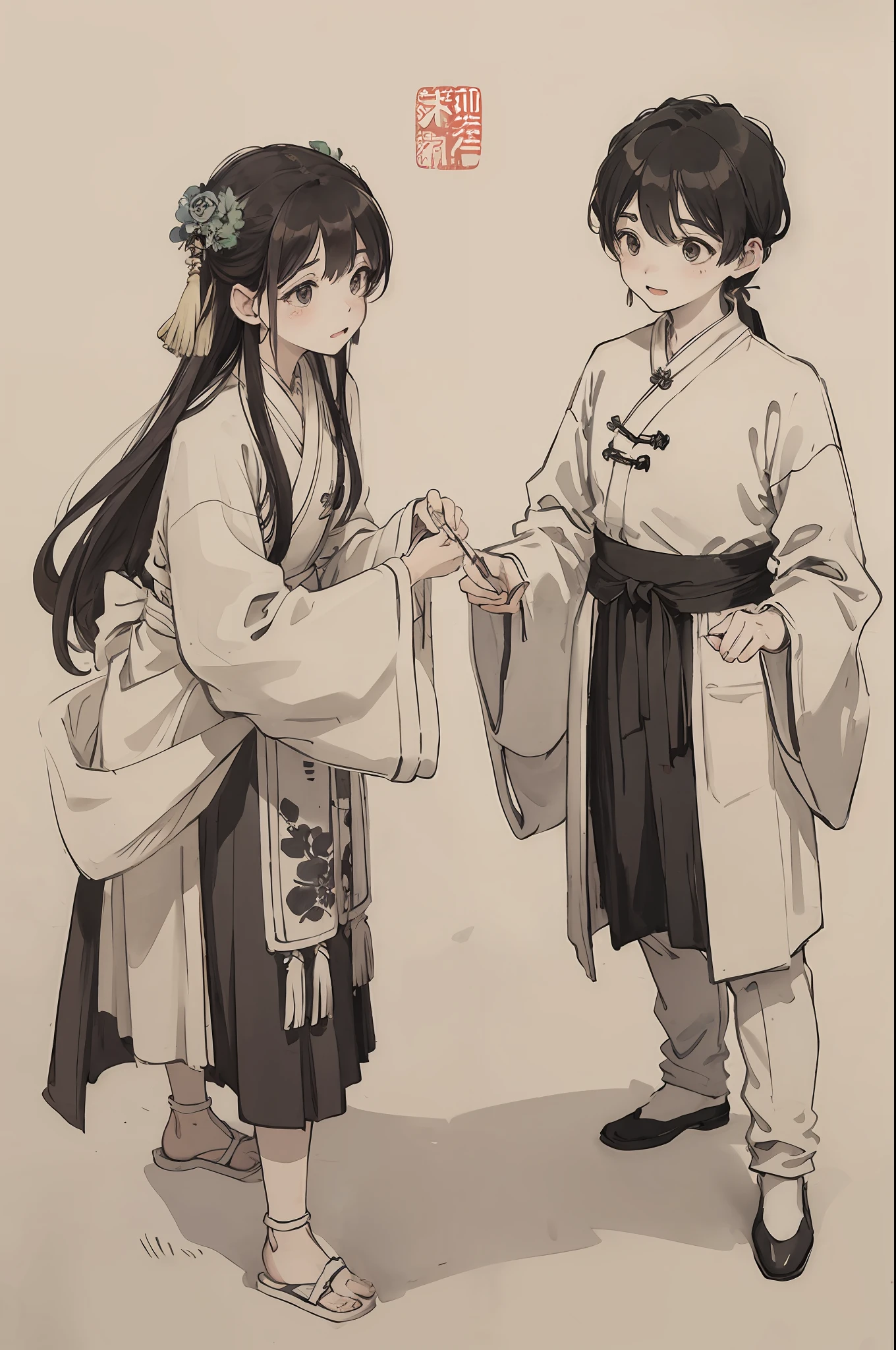(masterpiece, best quality: 1.2), traditional Chinese ink painting, two children