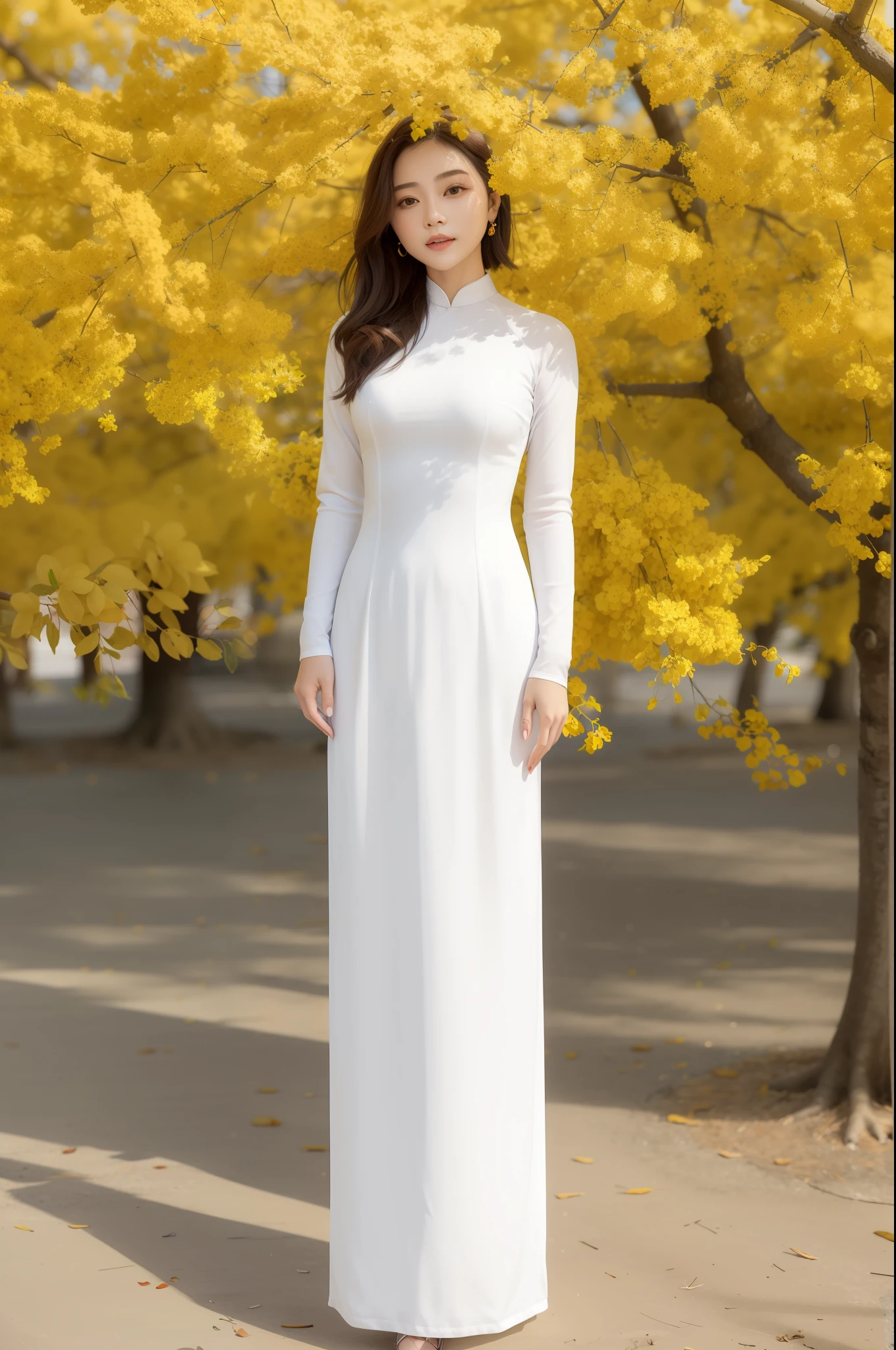 a women in white aodai under the yellow mai tree, realistic:1.2, masterpiece, best quality