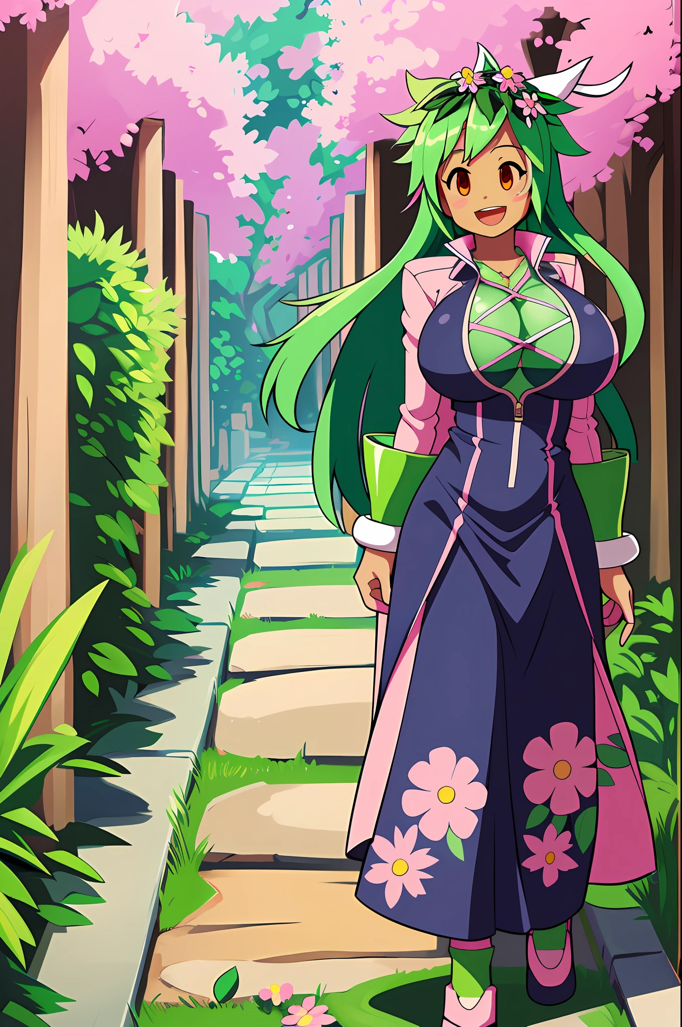 Kanna Blaster Master, floral fauna, female, fully clothed), toon, huge chest, smile, green hair, long dress, whole body, smile, open mouth, long hair, portrait, walking