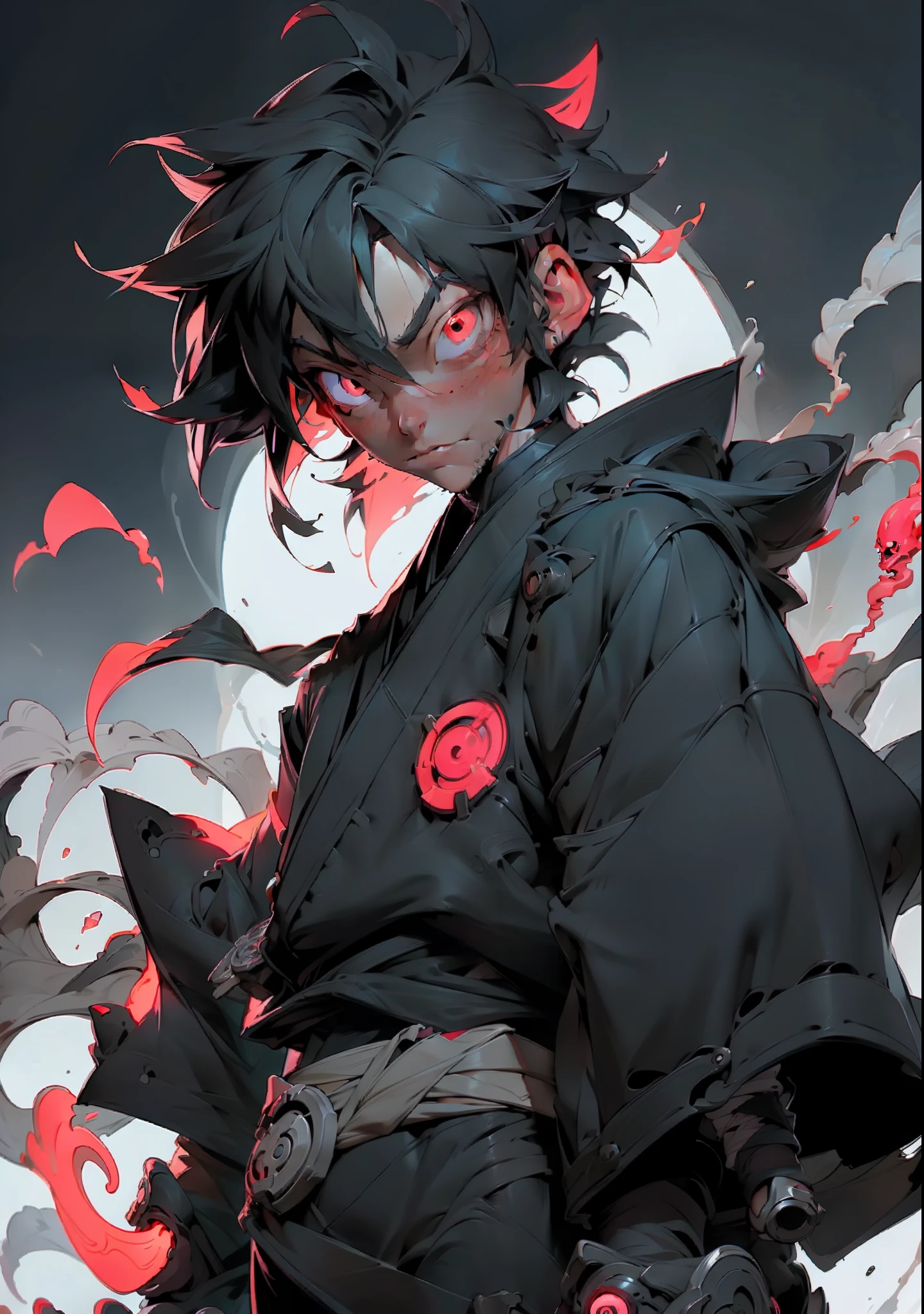 Sasuke uchiha, young boy(1boy) with black hair and black outfit, neon red eyes, sharingan, sasuke, super detailed and defined illustration, concept art, artstation, 8k.