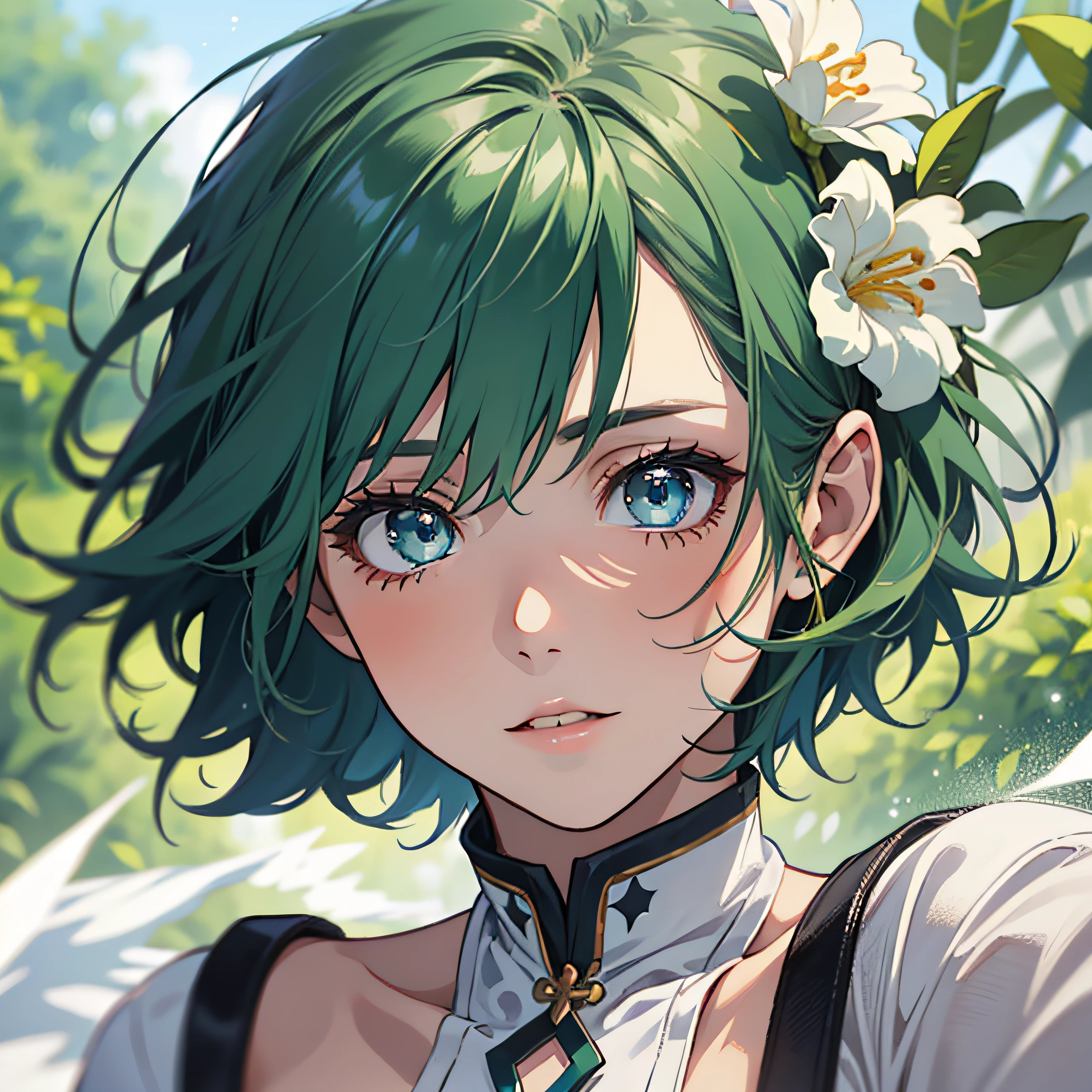 a girl , green hair , detailed eyes , sparkling eyes , floating hair , blue eyes , short hair , angle of elevation , flower , blurry background