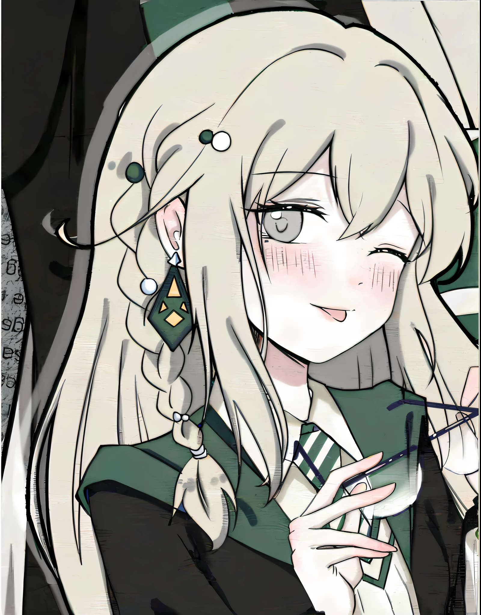 Anime girl with long white hair and green tie holding glasses, Shikamimi, Discord PFP, Long-haired anime girl, witch academy, Demon Slayer Rui fanart, anime style, long-haired blonde anime girl, mikudayo, digital art with projectile theory, inspired by Yanagawa Shinda, anime vision of cute girl, newspaper splicing background