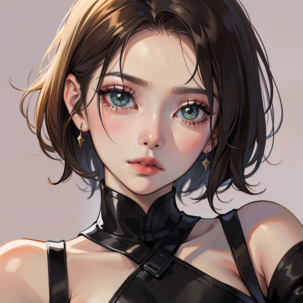 ((masterpiece)), ((best quality)), ((anime)), ((old effect)), ((90s anime)), girl, light skin tone, ((green eye)), (( perfect)), eyebrow, nose, ear, mouth, lips, ((sad)), short straight hair, neck, shoulders, ((arm)), ((dark lilac background)), lascivious,