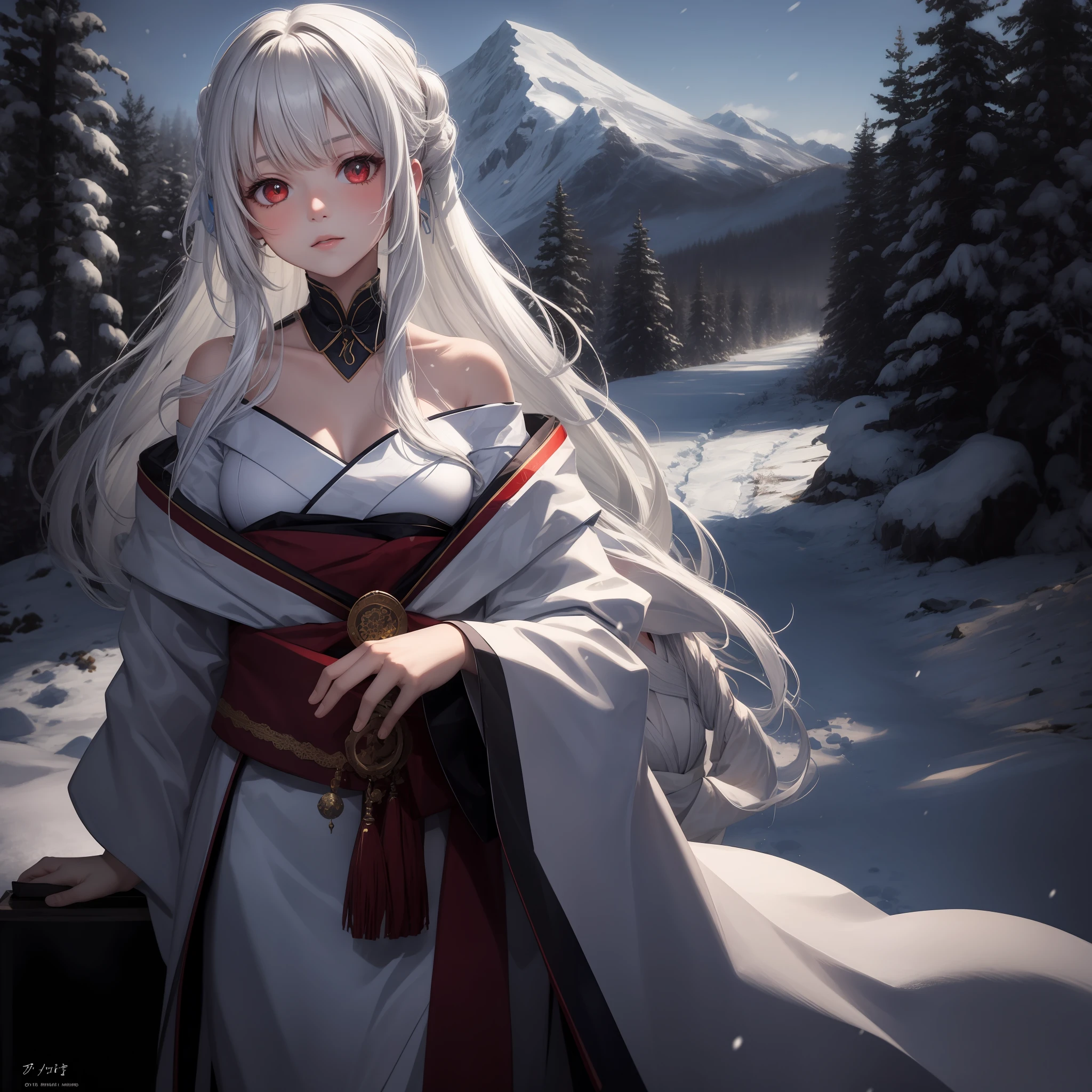 white hair, red eyes, girl, alone, solo, 1girl, long hair, snow woman, white kimono, off shoulder, snowy mountain, blizzard,