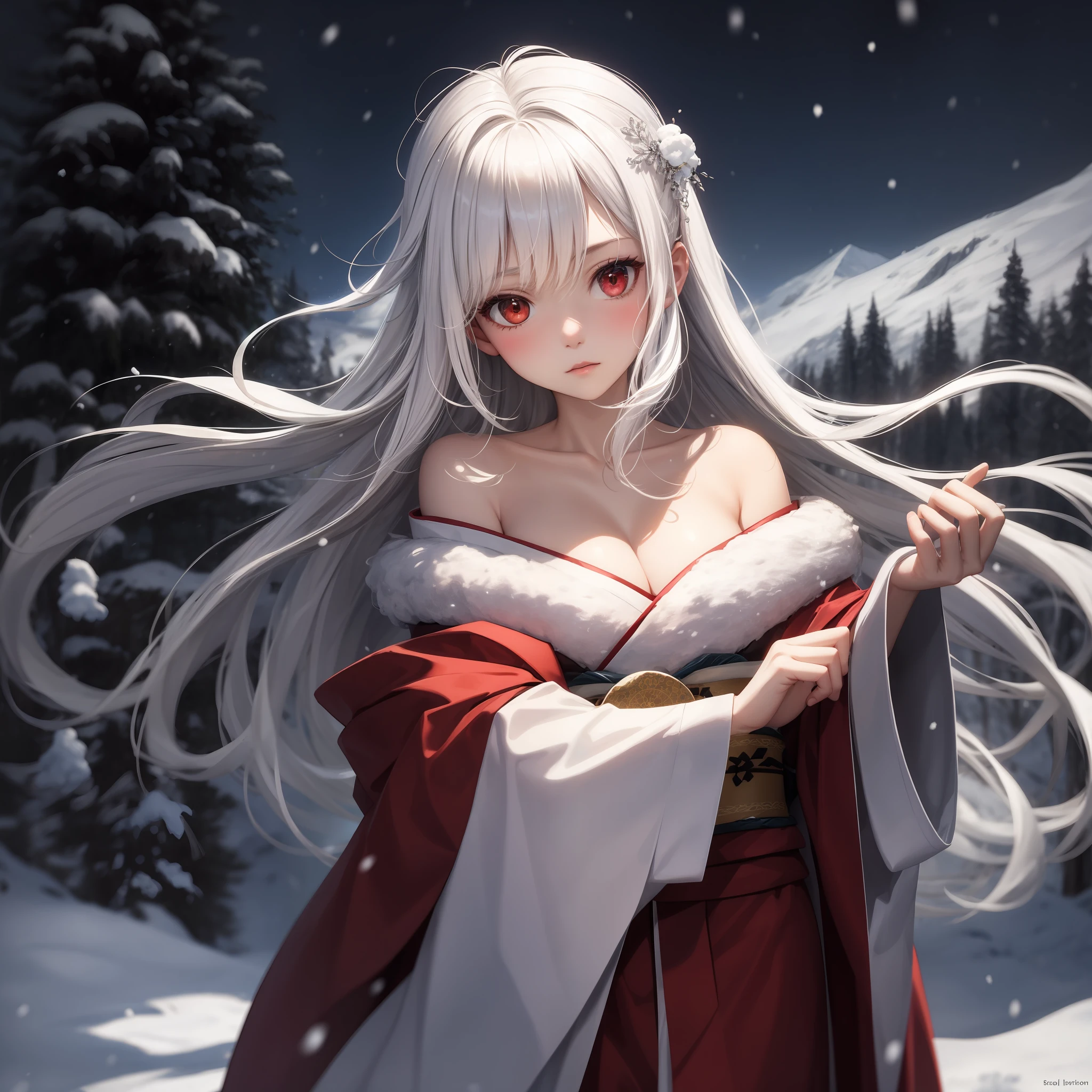 white hair, red eyes, girl, alone, solo, 1girl, long hair, snow woman, white kimono, off shoulder, snowy mountain, blizzard,