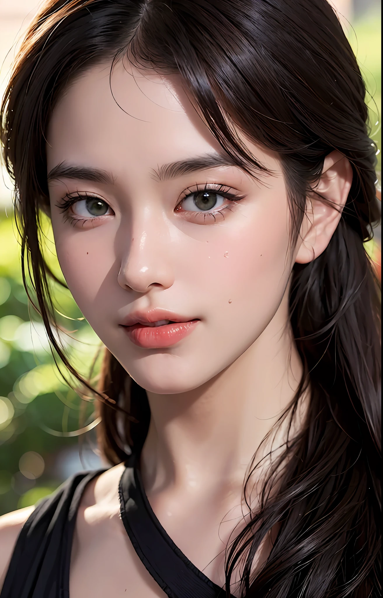 Masterpiece, best picture quality, high quality, beautiful woman, Japanese, popular Korean makeup, detailed, swollen eyes, detailed eyes, detailed skin, beautiful skin, ultra high resolution, (reality: 1.4),very beautiful, slightly younger face, beautiful skin, slender, (ultra realistic), (illustration), (high resolution), (8K), (very detailed) (best illustration), (beautifully detailed eyes), (super detailed), (wallpaper), (detailed face), looking at viewer, fine details, detailed face, pureerosfaceace_v1, smiling, looking straight ahead, looking straight ahead, angle from waist up, realistic photo, bright lighting, professional lighting, black hair (some of hair part green), long hair, dark ruins, big red moon, gorgeous red and black dress, mature woman, long stylish bangs,キスショット・アセロラオリオン・ハートアンダーブレード