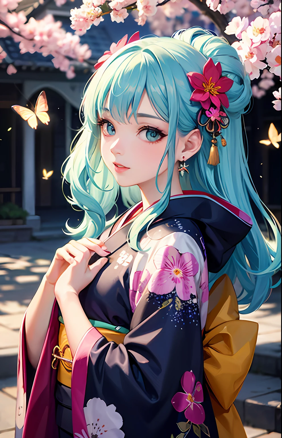 shukezouma, octane render, hdr, (hyperdetailed:1.15), (soft light, sharp:1.2), 1girl, beautiful girl, ultra detailed eyes, mature, plump, thick, rainbow painting drops, paint teardrops, woman made up from paint, entirely paint, splat, splash, long colored hair, kimono made from paint, ultra detailed texture kimono, rainbow paint kimono, paint bulb, paint drops, (hair ornaments, earrings, flowers hair ornaments, butterflies hair ornaments), outdoors, sakura trees
