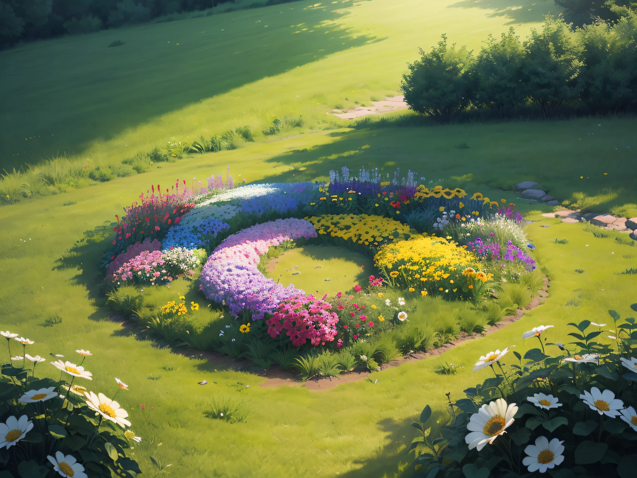 From above, no one, no one, simple background, blue background, lots of flowers on the grass, colorful flowers, flowers all over the ground, masterpiece, best quality,