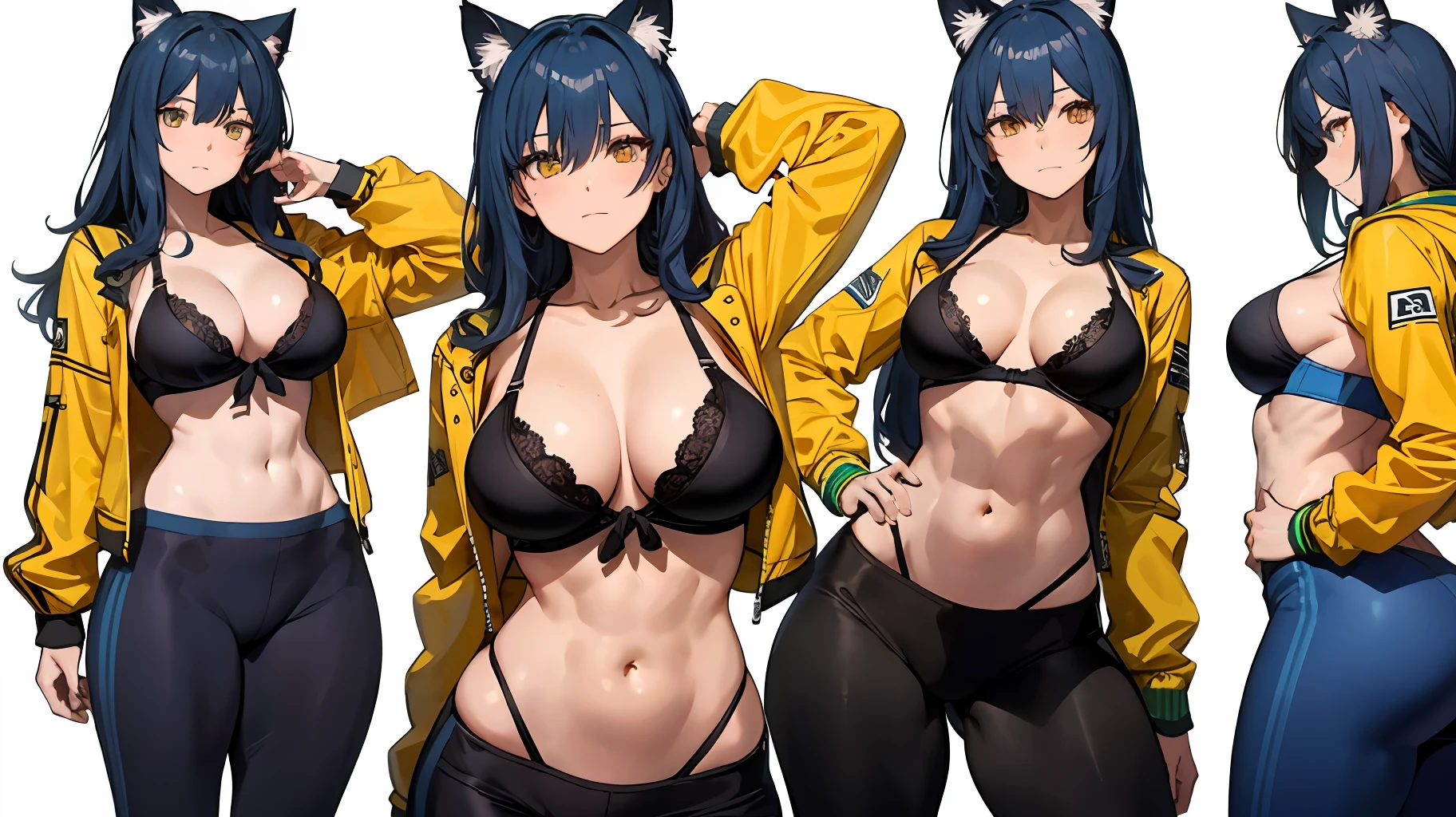 Masterpiece,best quality,high resolution,30 year old woman,blue hair,tied hair,beautiful face,yellow eyes,bright eyes,cat ears,perfect body,athletic body,milf,bodybuilder pose, small breasts, thick thighs,big ass,round buttocks,bodybuilder,jacket on top,bra, leggings,standing,expression of pleasure, inside the room