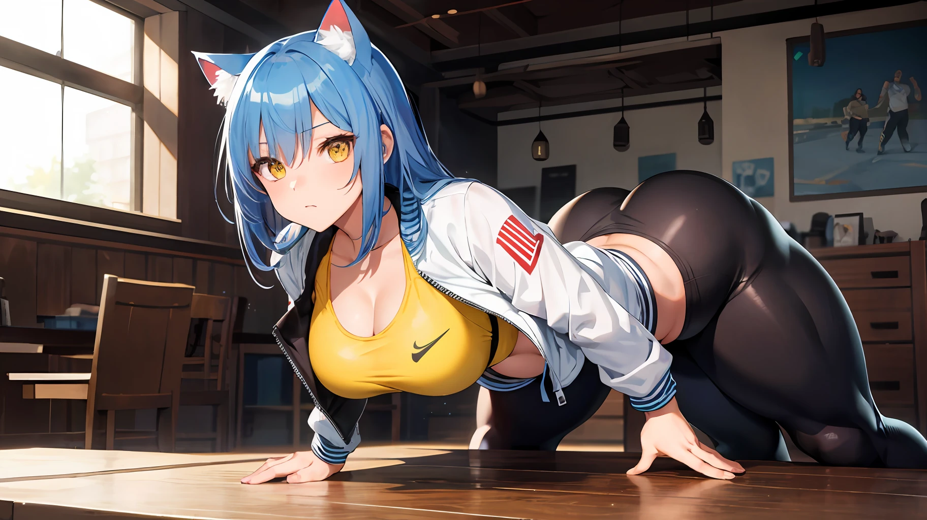 Masterpiece,best quality,high resolution,30 year old woman,blue hair,tied hair,beautiful face,yellow eyes,bright eyes,cat ears,perfect body,athletic body,milf,bodybuilder pose, small breasts, thick thighs,big ass,round buttocks,bodybuilder,jacket on top,bra, leggings,standing,expression of pleasure, inside the room