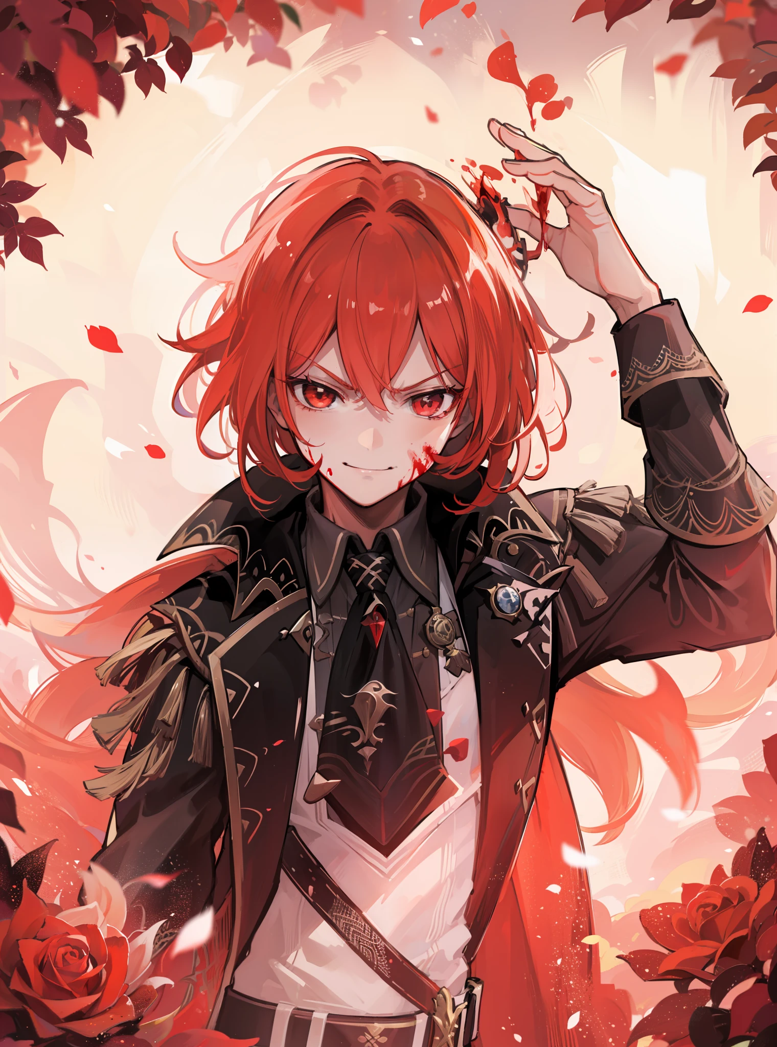 ((male)), 1 character in the photo, yandere, smile, blood, diluc, diluc genshin Impact, roses, Horror, angry face with a smile