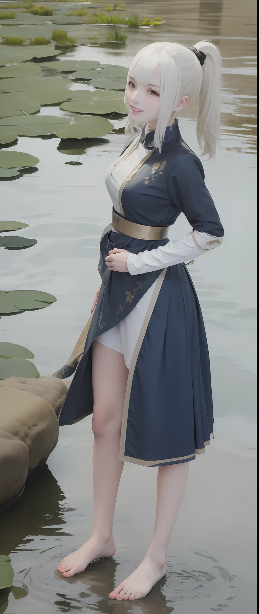 ((4k,masterpiece,best quality)), shuimobysim, traditional chinese ink painting, lotus, hanfu, maxiskit, dress conservatively 1girl, solo, long blue hair, smile, standing, feet in the water, barefoot,
