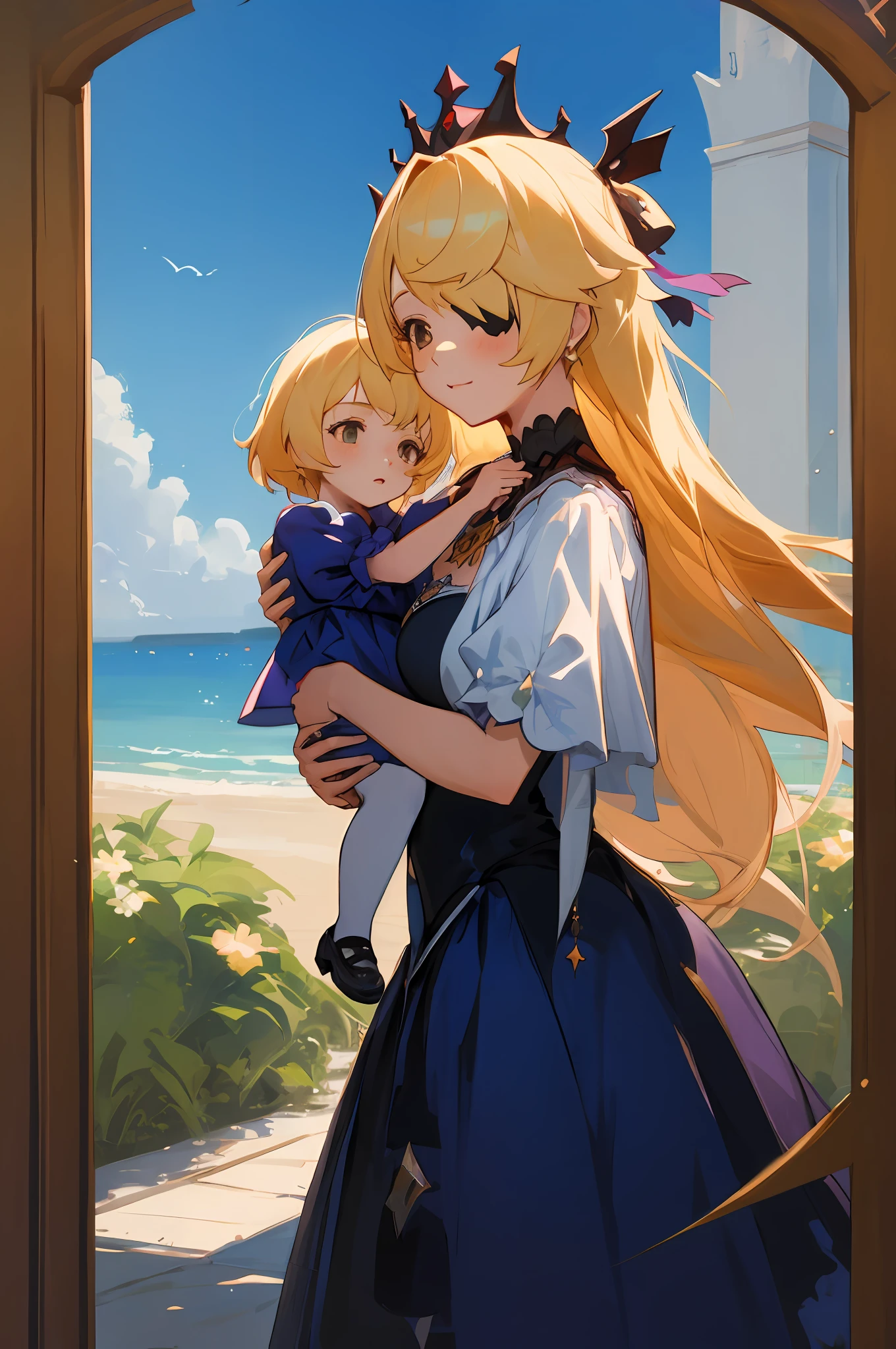 anime image of two women dressed in dress posing for a picture like princess clothing in summer, beautiful decoration on dress, palace a girl in palace, long hair, yellow haired , anime fantasy illustration, from the azur lane videogame, genshin, Royal Princess detailed art, two beautiful anime girls, mother and child, symbol of maternal love, mother and child, such as photos of mother and child, Embarrassed, royal castle, His pet crow is named Oz