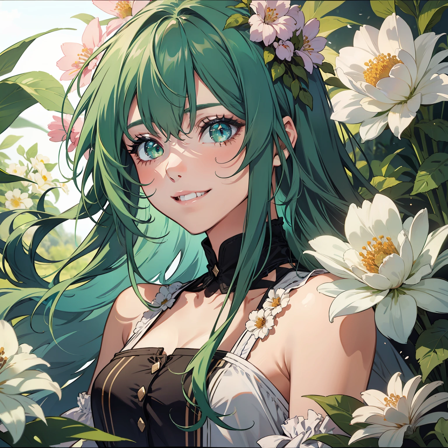 a girl , green hair , detailed eyes , sparkling eyes , floating hair , close up , flowers , smile