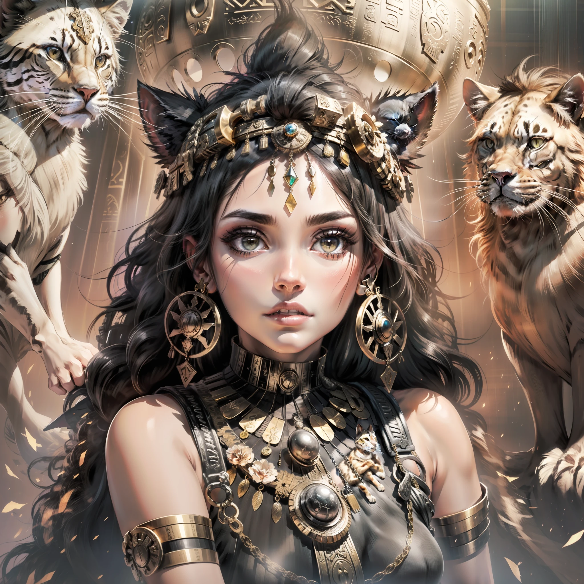 A woman with a cat on her shoulder, Egyptian cat goddess, bastette, ancient goddess, pagan goddess, beautiful Cleopatra, goddess. Extremely high detail, tall fine beautiful goddess, kemetic, goddess Hecate, beautiful goddess, goddess of love and peace, extremely detailed goddess, goddess of wisdom, beautiful lion goddess