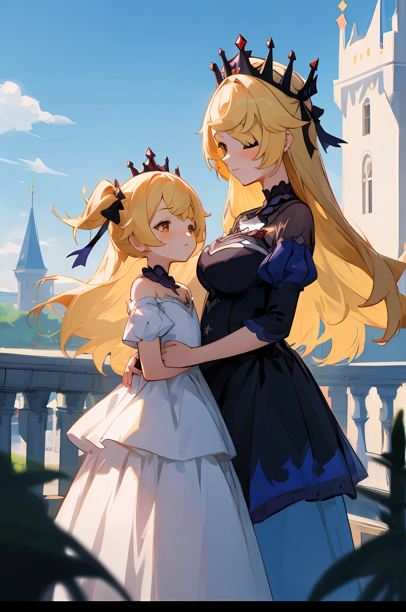 anime image of two women dressed in dress posing for a picture like princess clothing in summer, beautiful decoration on dress, palace a girl in palace, long hair, yellow haired , anime fantasy illustration, from the azur lane videogame, genshin, Royal Princess detailed art, two beautiful anime girls, mother and child, symbol of maternal love, mother and child, such as photos of mother and child, Embarrassed, royal castle, His pet crow named Oz is flying