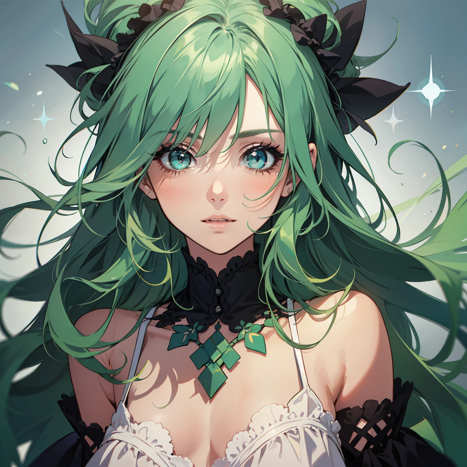 a girl , green hair , detailed eyes , sparkling eyes , floating hair