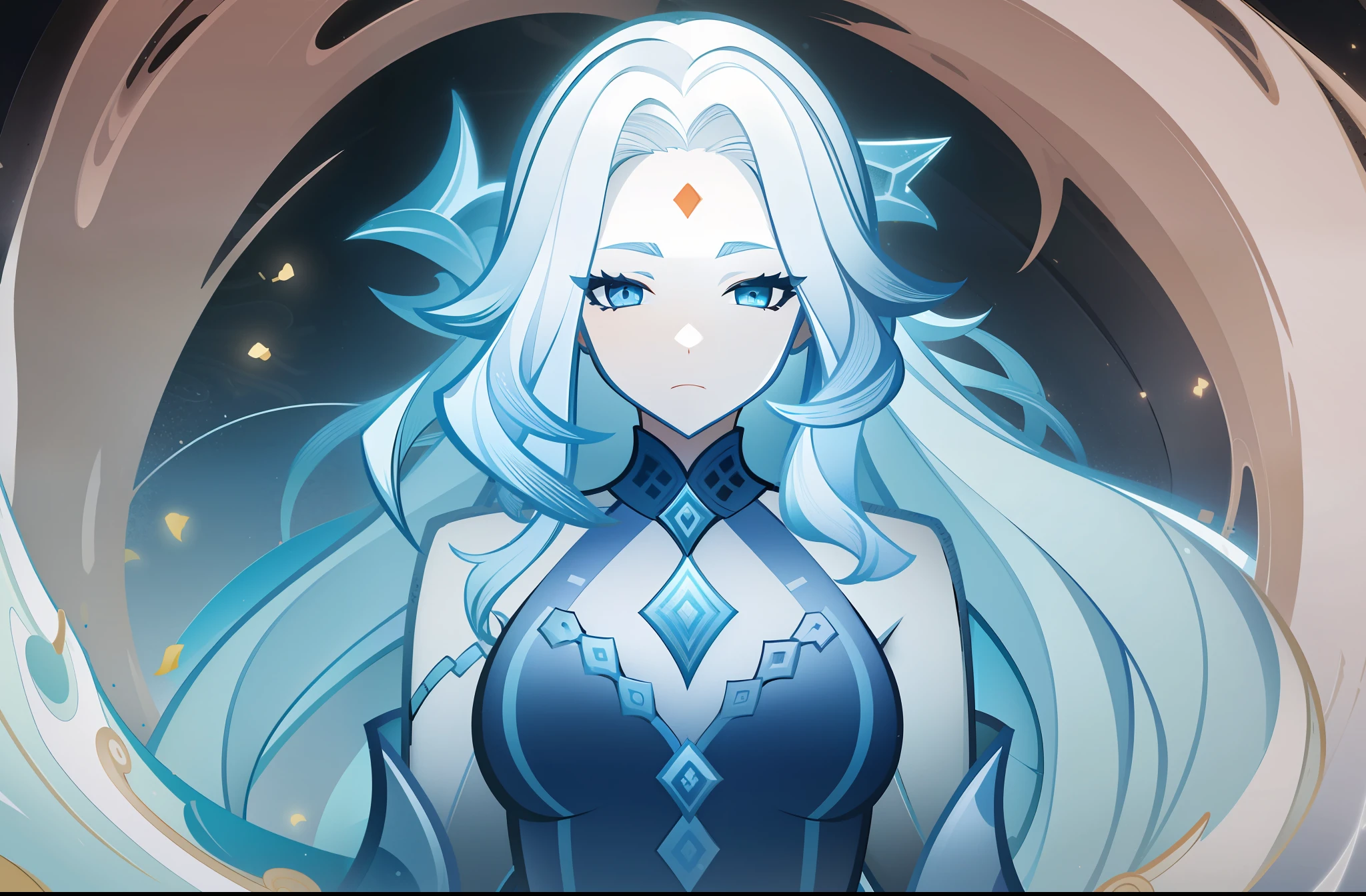 (1girl), (((solo))), (icy blue eyes), (forehead), (wavy hair), (white hair), (fur), (blue necklace), (dark red details), ((white background)), ((empty background)), ((full length))