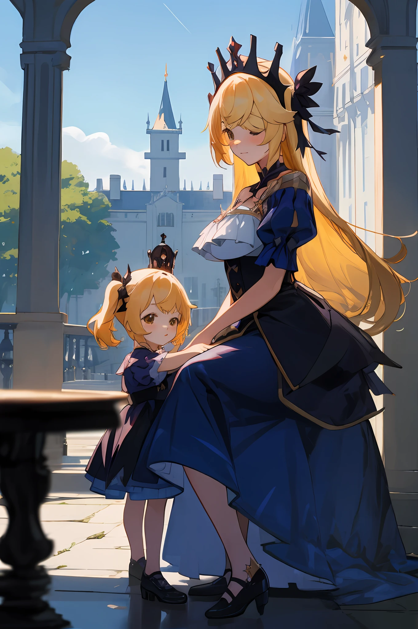 anime image of two women dressed in dress posing for a picture like princess clothing in summer, beautiful decoration on dress, palace a girl in palace, long hair, yellow haired , anime fantasy illustration, from the azur lane videogame, genshin, Royal Princess detailed art, two beautiful anime girls, mother and child, symbol of maternal love, mother and child, such as photos of mother and child, Embarrassed, sitting in the palace garden, royal castle, His pet crow named Oz is beside