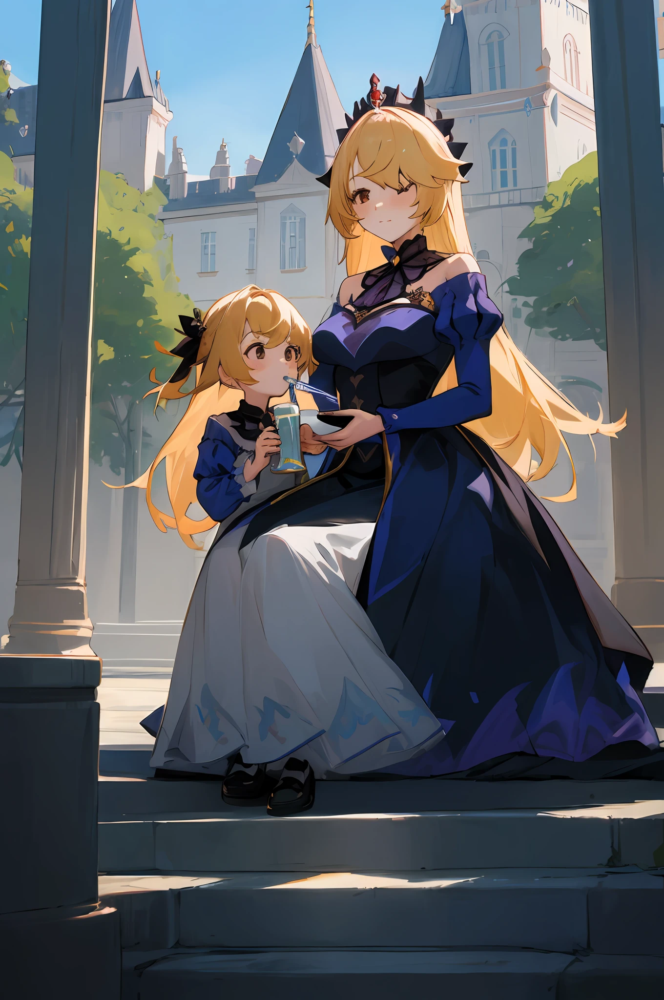 anime image of two women dressed in dress posing for a picture like princess clothing in summer, beautiful decoration on dress, palace a girl in palace, long hair, yellow haired , anime fantasy illustration, from the azur lane videogame, genshin, Royal Princess detailed art, two beautiful anime girls, mother and child, symbol of maternal love, mother and child, such as photos of mother and child, Embarrassed, sitting in the palace garden, royal castle, His pet crow named Oz is beside, drinking tea
