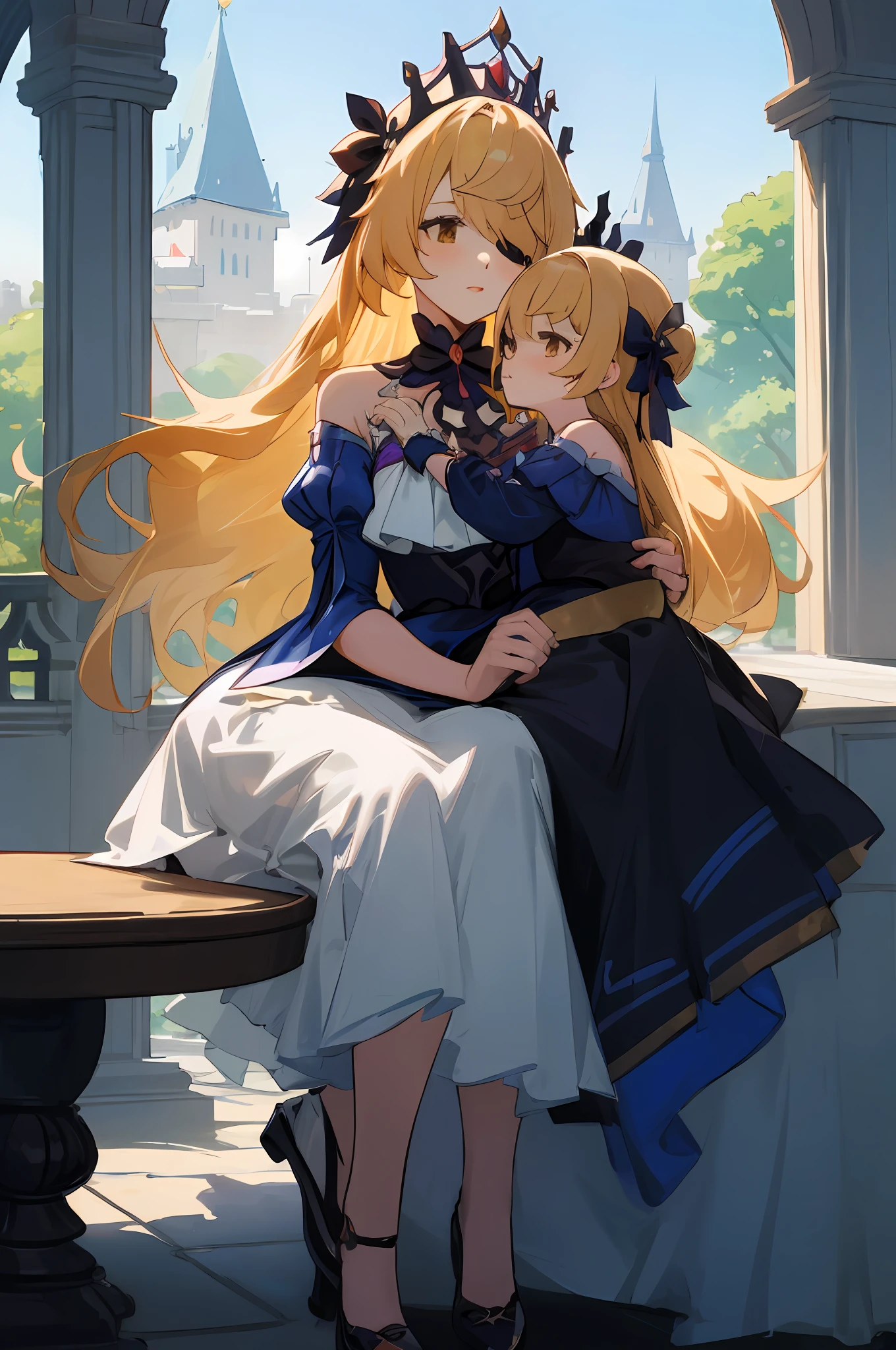 anime image of two women dressed in dress posing for a picture like princess clothing in summer, beautiful decoration on dress, palace a girl in palace, long hair, yellow haired , anime fantasy illustration, from the azur lane videogame, genshin, Royal Princess detailed art, two beautiful anime girls, mother and child, symbol of maternal love, mother and child, such as photos of mother and child, Embarrassed, sitting in the palace garden, royal castle, His pet crow named Oz is beside, drinking tea