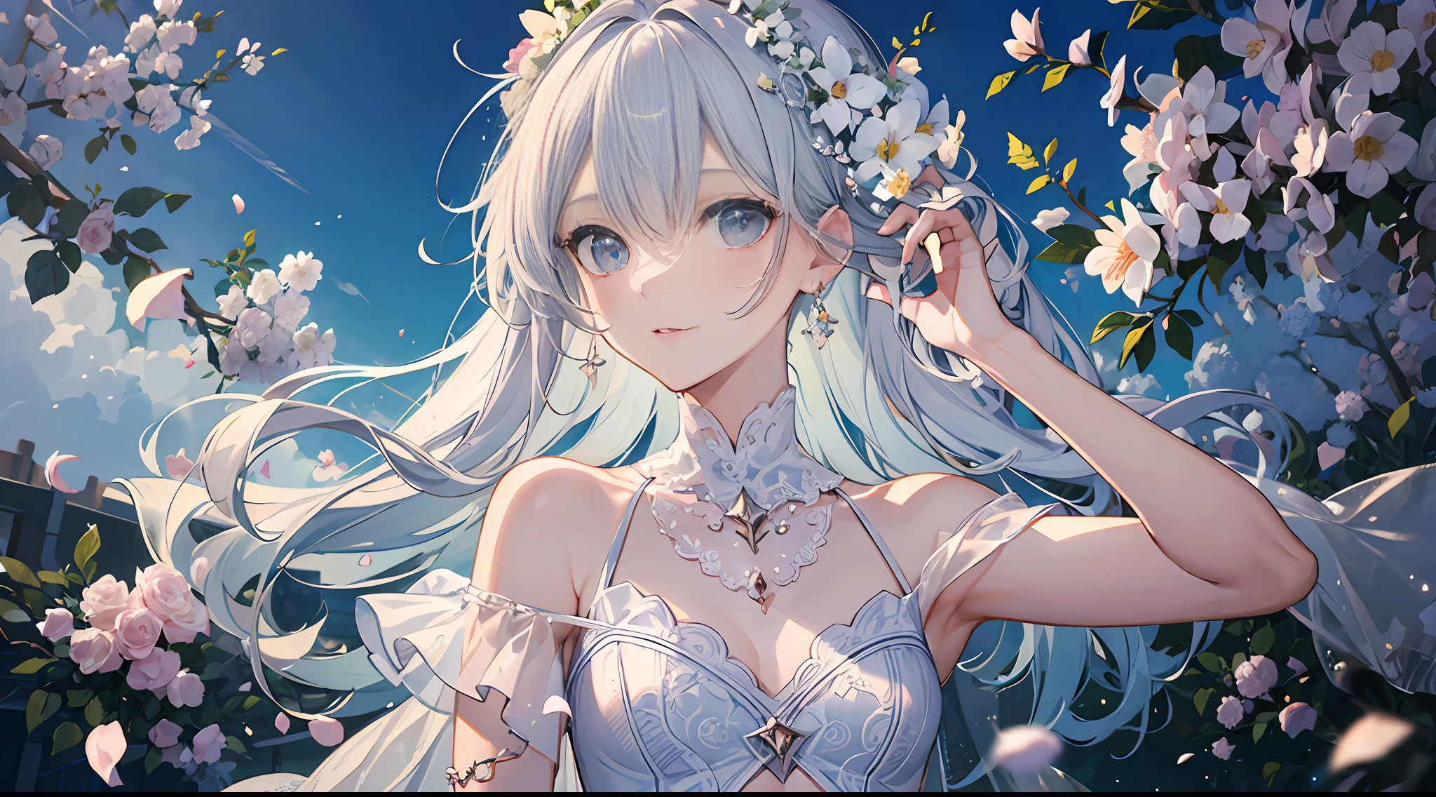 (masterpiece, best quality:1.6), white lace dress, cowboy shot, thighs, beautiful girl, (flowers, many small white petals:1.3), garden, blue sky, looking at viewer, small waist, official art, raw photo, incredibly absurdres, facelight, dynamic lighting, cinematic lighting, ultra realistic, highres, photography, sharp focus, highest detailed, extreme detailed, ultra detailed, finely detail, extremely detailed eyes and face