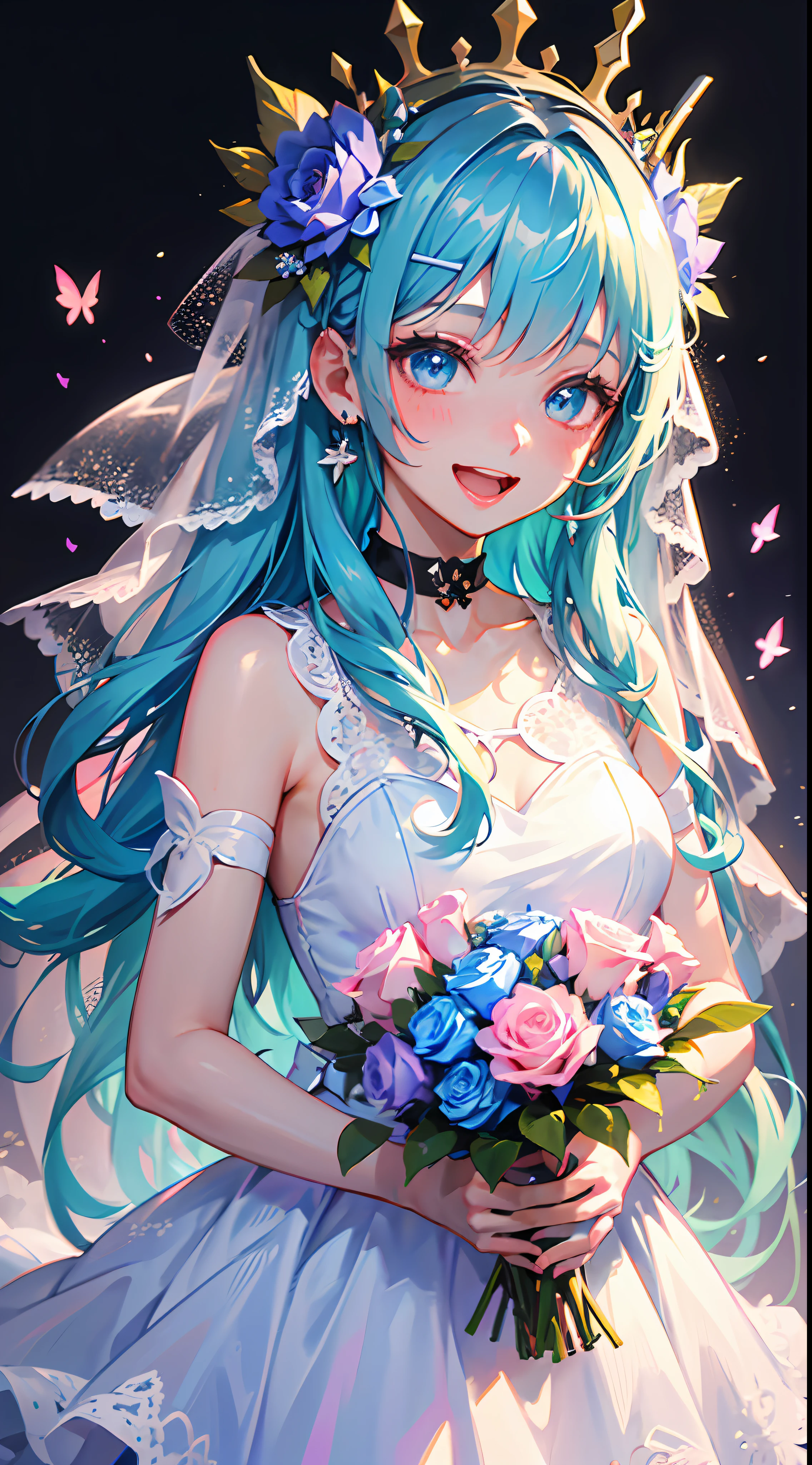 ( ✌:1.5) 1girl, flower, bouquet, white hair, blue flower, hair ornament, blue eyes, dress, solo, rose, smile, long hair, blue rose, holding bouquet, white dress, holding, looking at viewer, butterfly, open mouth, multicolored hair, bug, gradient hair, sleeveless, blush, crown, white background, very long hair, blue hair, :d, virtual youtuber, bangs, hair flower, bare shoulders, earrings, hairclip, jewelry, sleeveless dress, simple background, choker, veil, ribbon, mini crown ,torino aqua,ski style