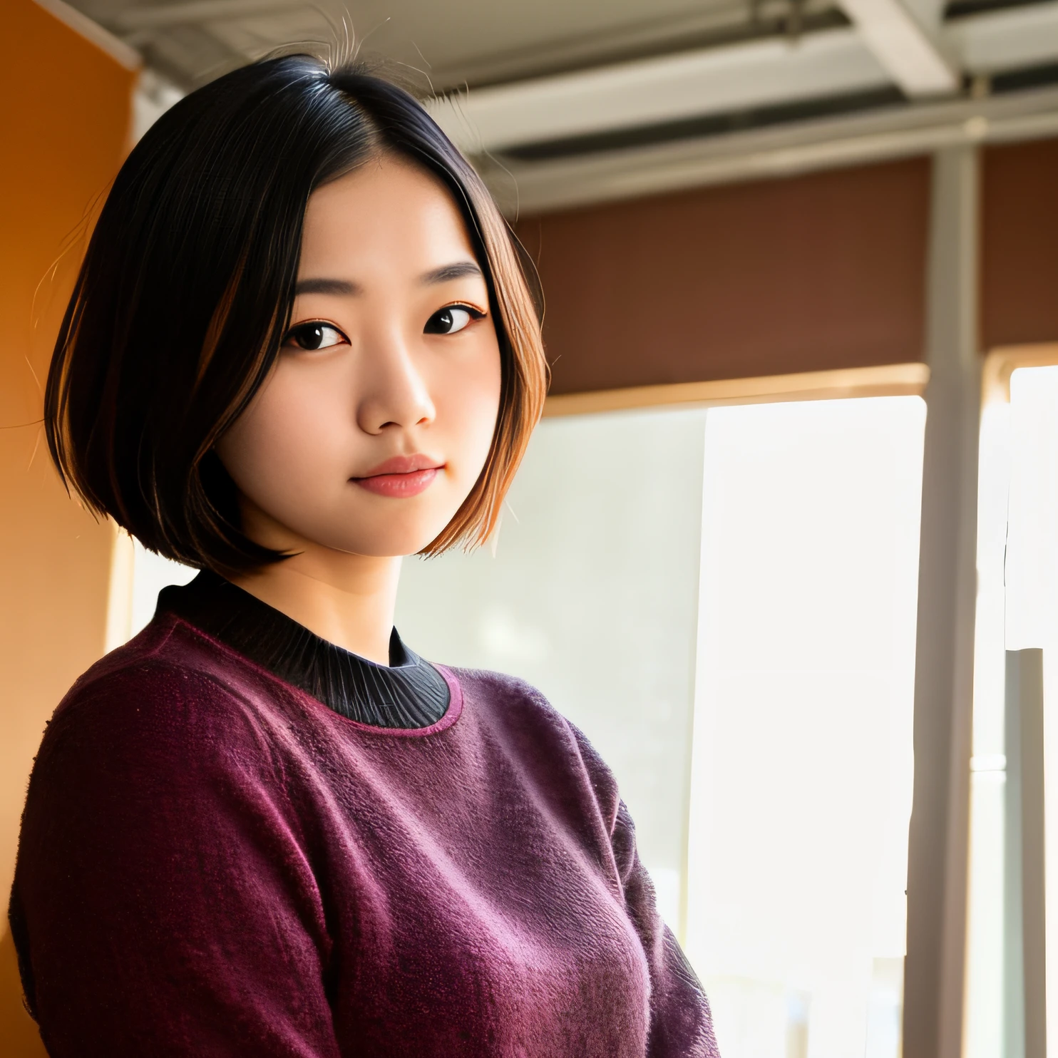 23 years old , korean,graphic designer,cute women looking off camera , dressed in professional manner,super realistic face, eyes visible through hair, proper eye position, natural skin, soft light, rim light, Looking at the audience, light makeup, realism, realistic photos, professional color correction, 8K, F2.4 aperture, 35mm lens, realistic real face, shoulder,front view, full body, in studio,short hair