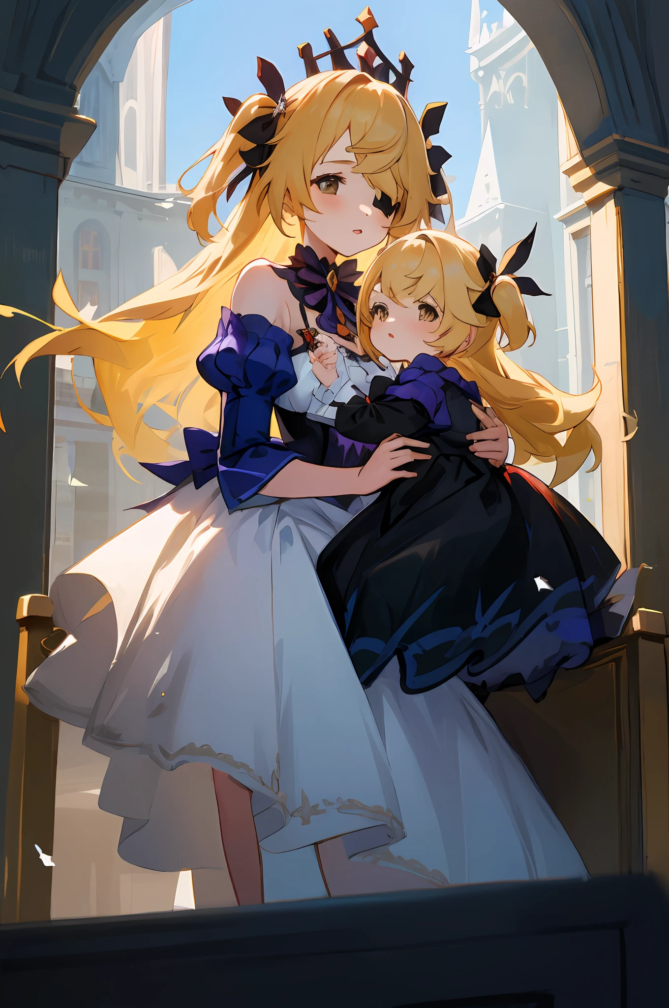 anime image of two women dressed in dress posing for a picture like princess clothing in summer, beautiful decoration on dress, palace a girl in palace, long hair, yellow haired , anime fantasy illustration, from the azur lane videogame, genshin, Royal Princess detailed art, two beautiful anime girls, mother and child, symbol of maternal love, mother and child, such as photos of mother and child, Embarrassed, the royal chair, royal castle, His pet crow named Oz is beside, drinking tea