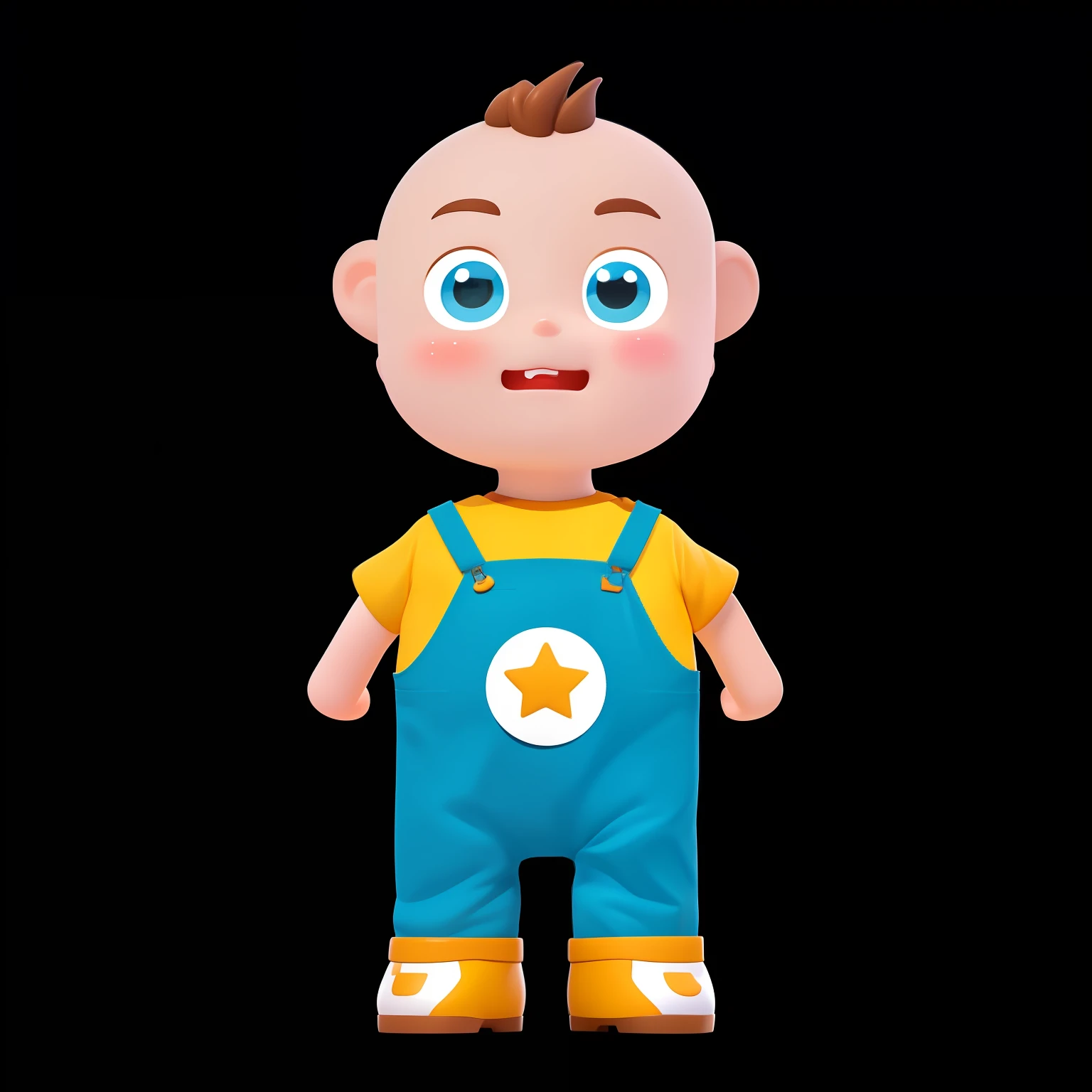 Cartoon baby boy with blue overalls and yellow shirt, cute cartoon characters, highly detailed characters, upper body 3D game avatars, animated characters, cartoon characters, full body characters, character standing, cartoon style illustrations, cute characters, cartoon illustrations, little boys, merge characters, cute boys, game characters, full body single characters, full detail bodies, humanoid characters