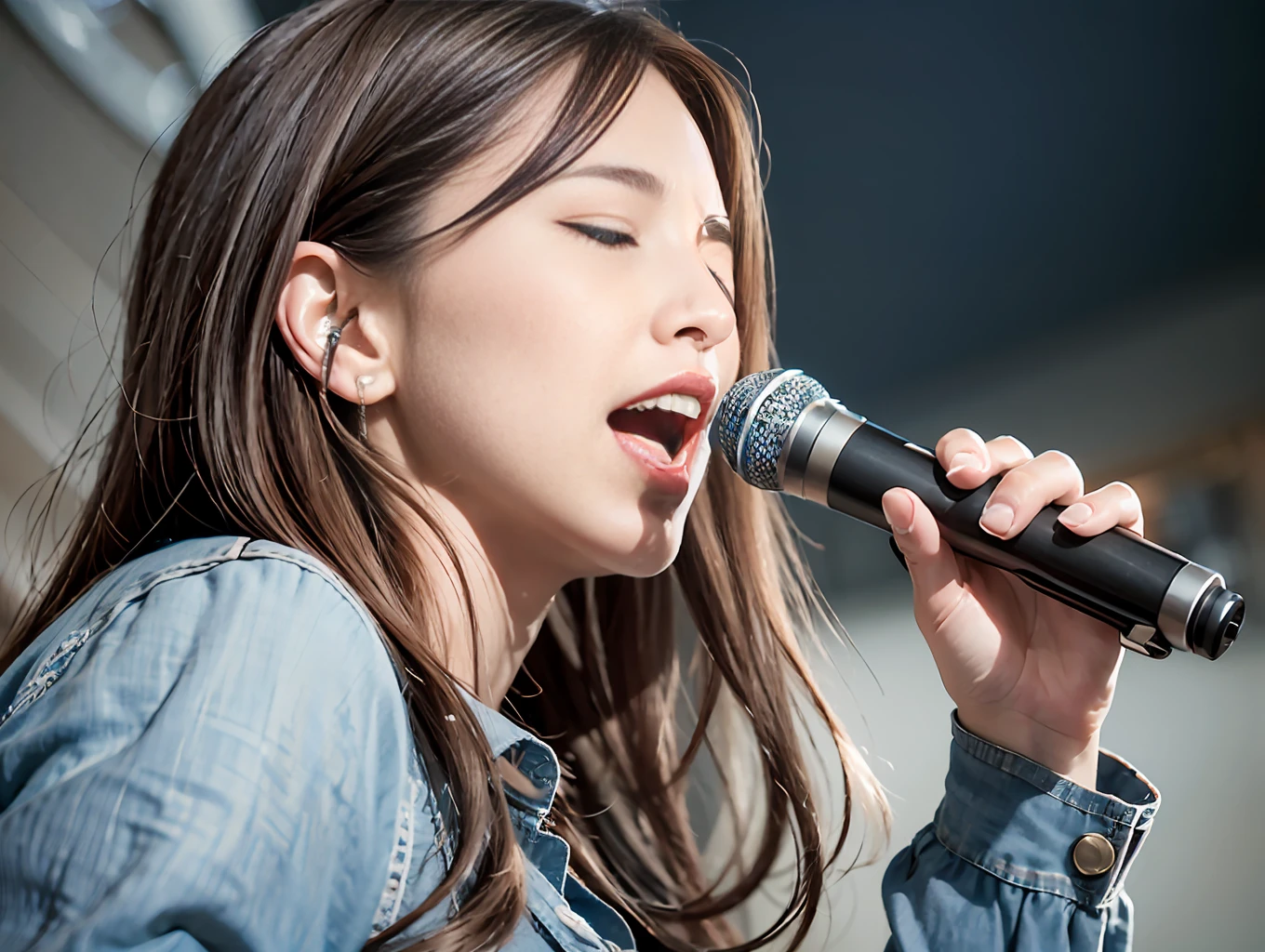 Vast background photo, high resolution, blue sky, cowboy shot, super detail of concept art, 38 year old beauty, singing with both eyes closed, singing passionately, cinematic, casual dress, insanely detailed, sharp focus, vast background,