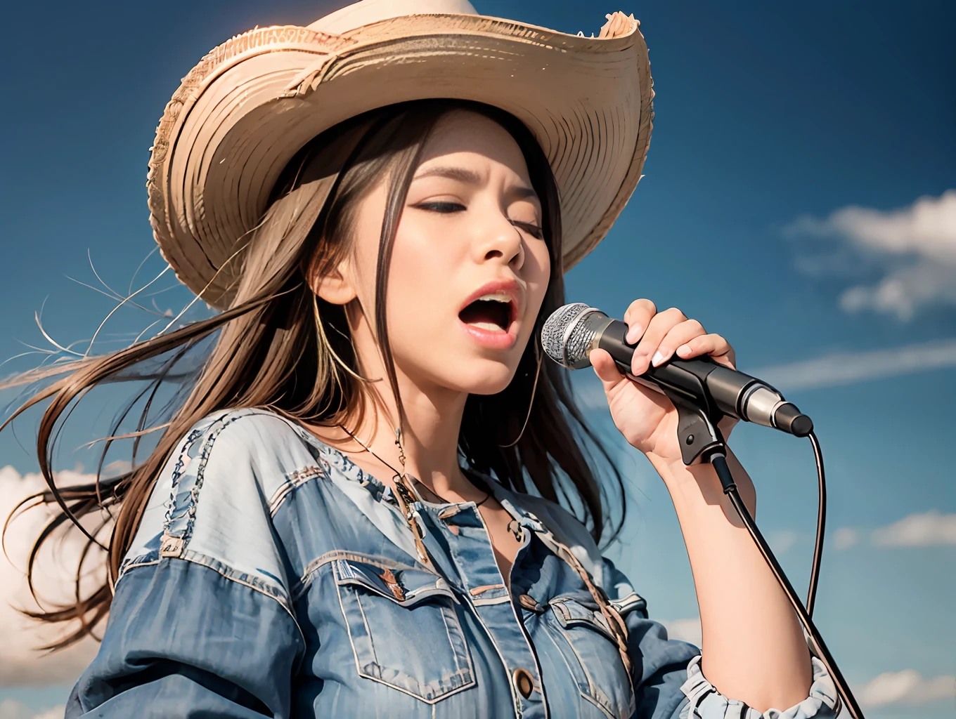 Vast background photo, high resolution, blue sky, cowboy shot, super detail of concept art, 38 year old beauty, singing with both eyes closed, singing passionately, cinematic, casual dress, insanely detailed, sharp focus, vast background,