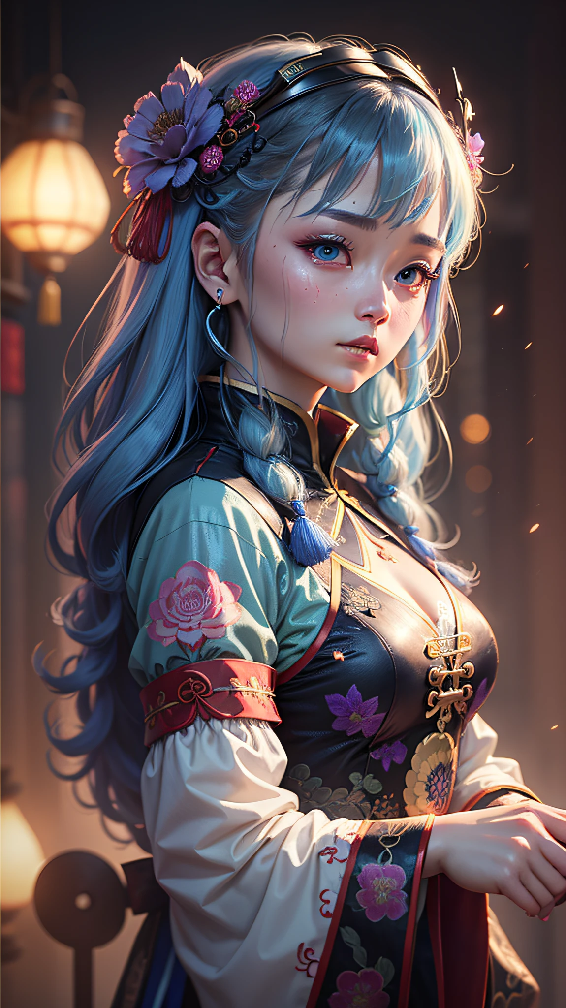 Wearing pink cheongsam, 8k high quality detail art, beautiful blue hair girl, blue pink hair girl, standing, super high resolution, 8k, digital art. Art Station